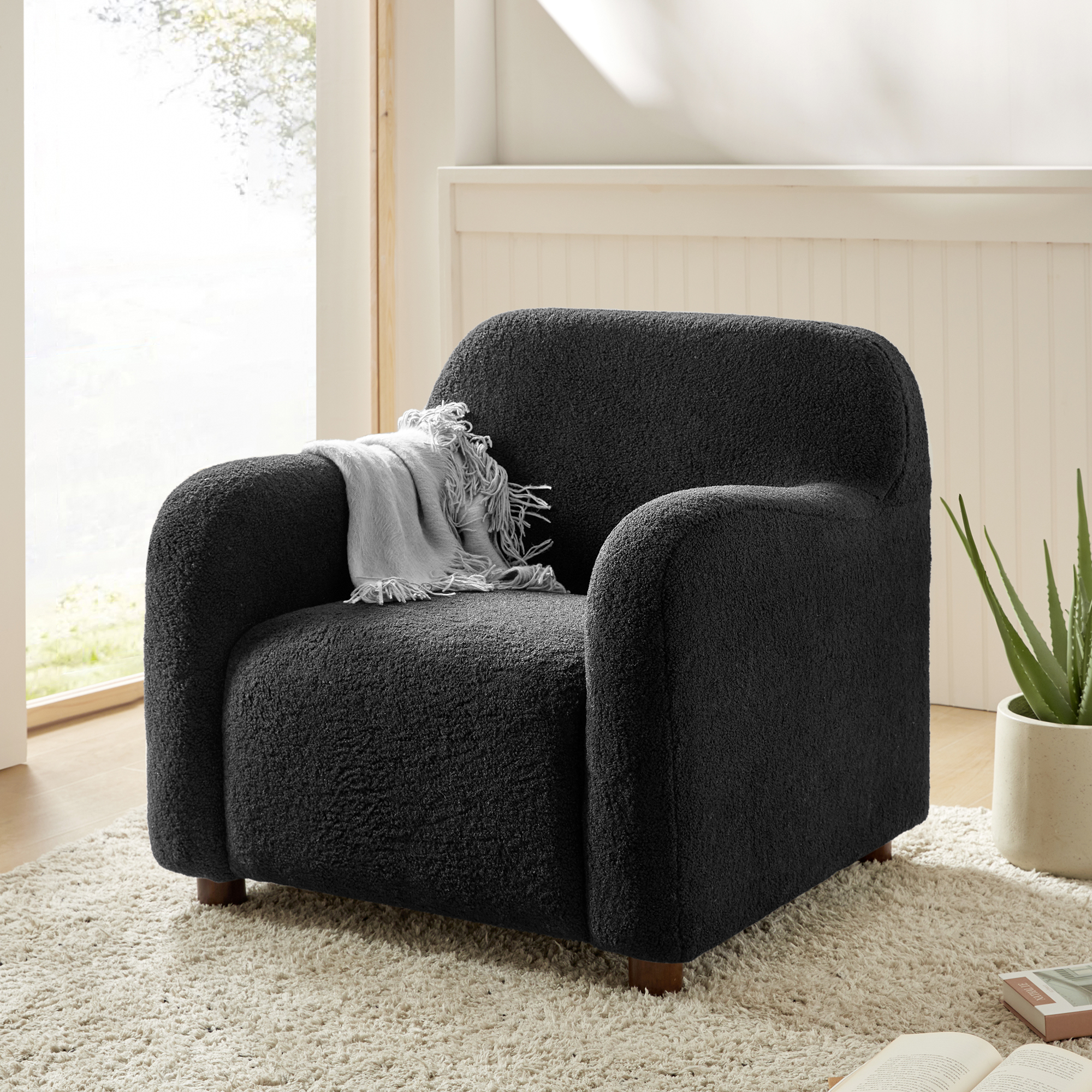Heinrich Boucle Upholstered Armchair with Solid Wood Legs