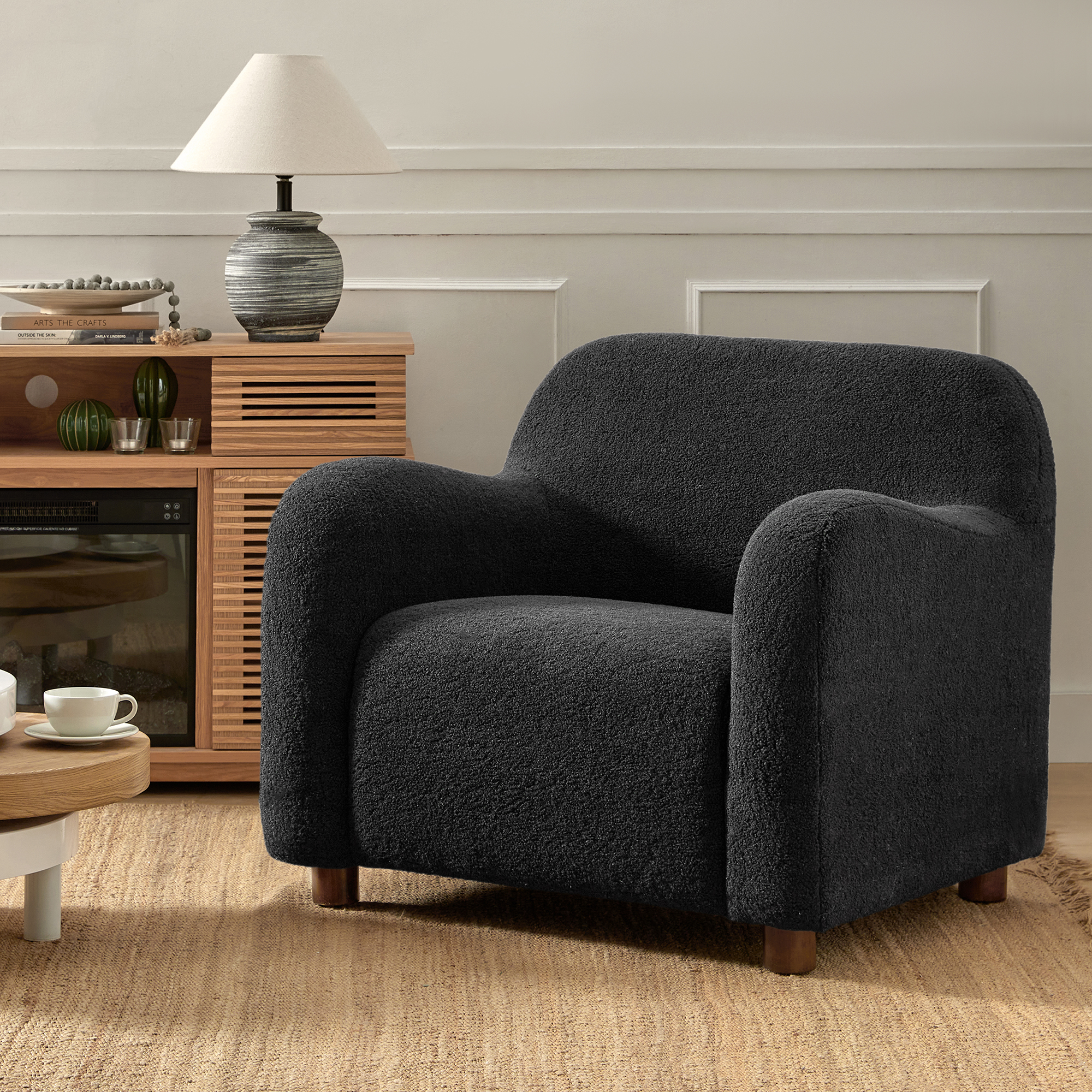 Heinrich Boucle Upholstered Armchair with Solid Wood Legs