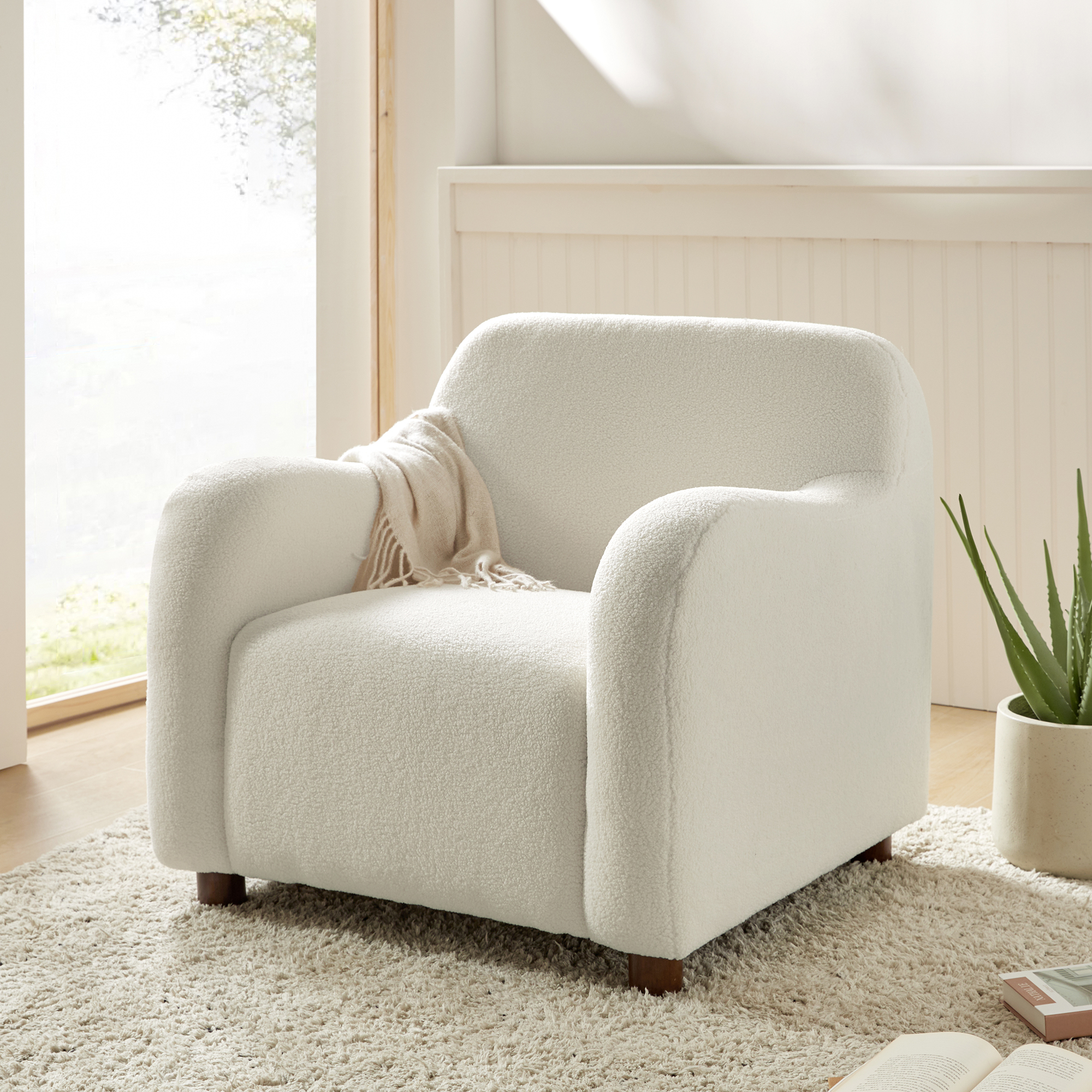 Heinrich Boucle Upholstered Armchair with Solid Wood Legs