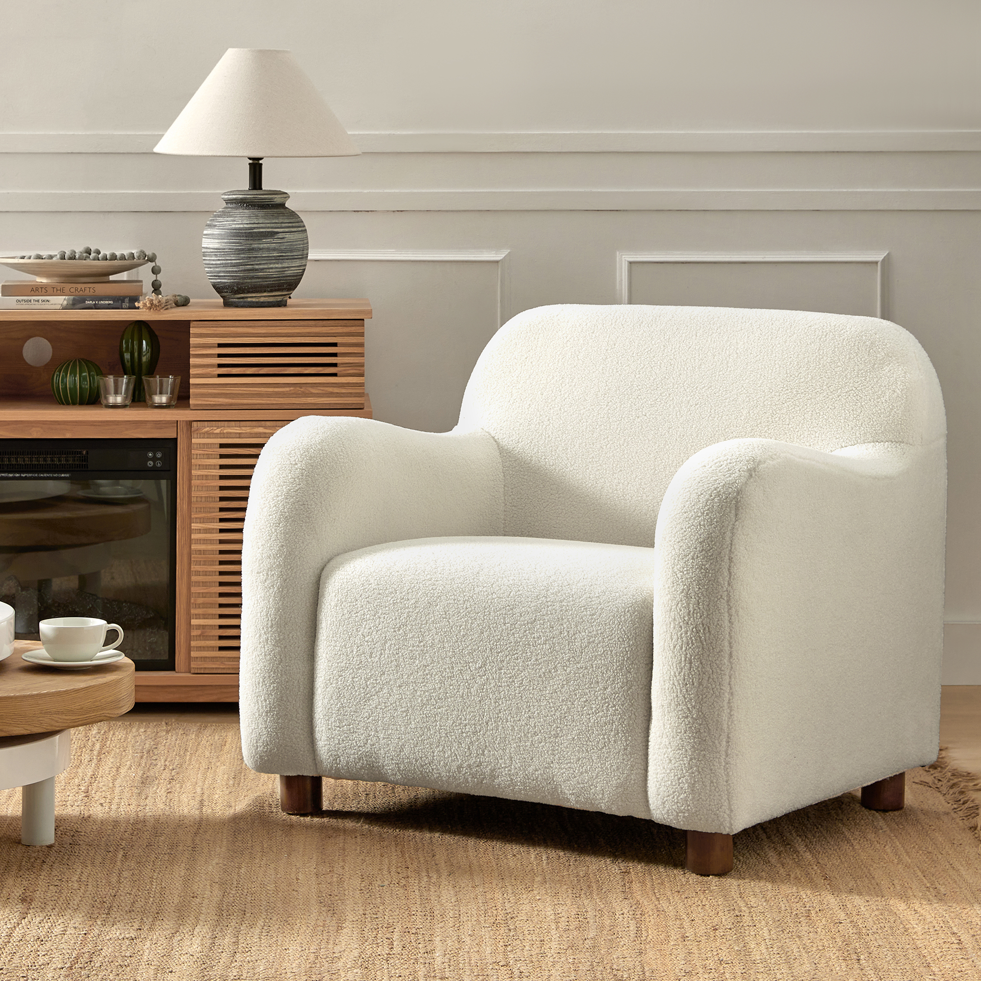 Heinrich Boucle Upholstered Armchair with Solid Wood Legs
