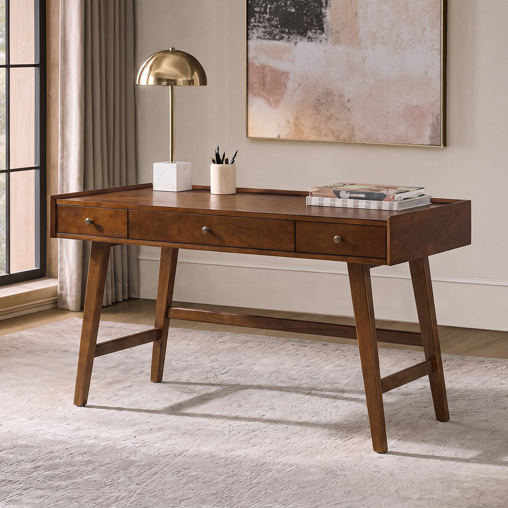Charlotte Mid-Century Desk with Drawers & Charging Station