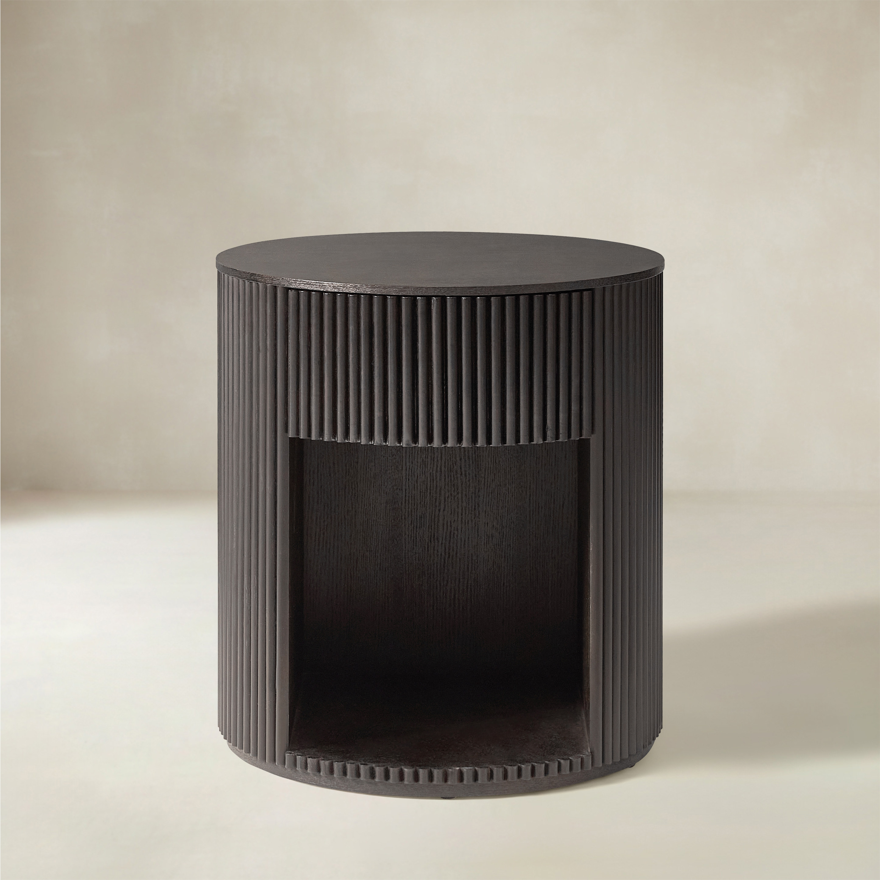 Modern Round Fluted End Table with Hidden Storage, Solid Wood Side Table