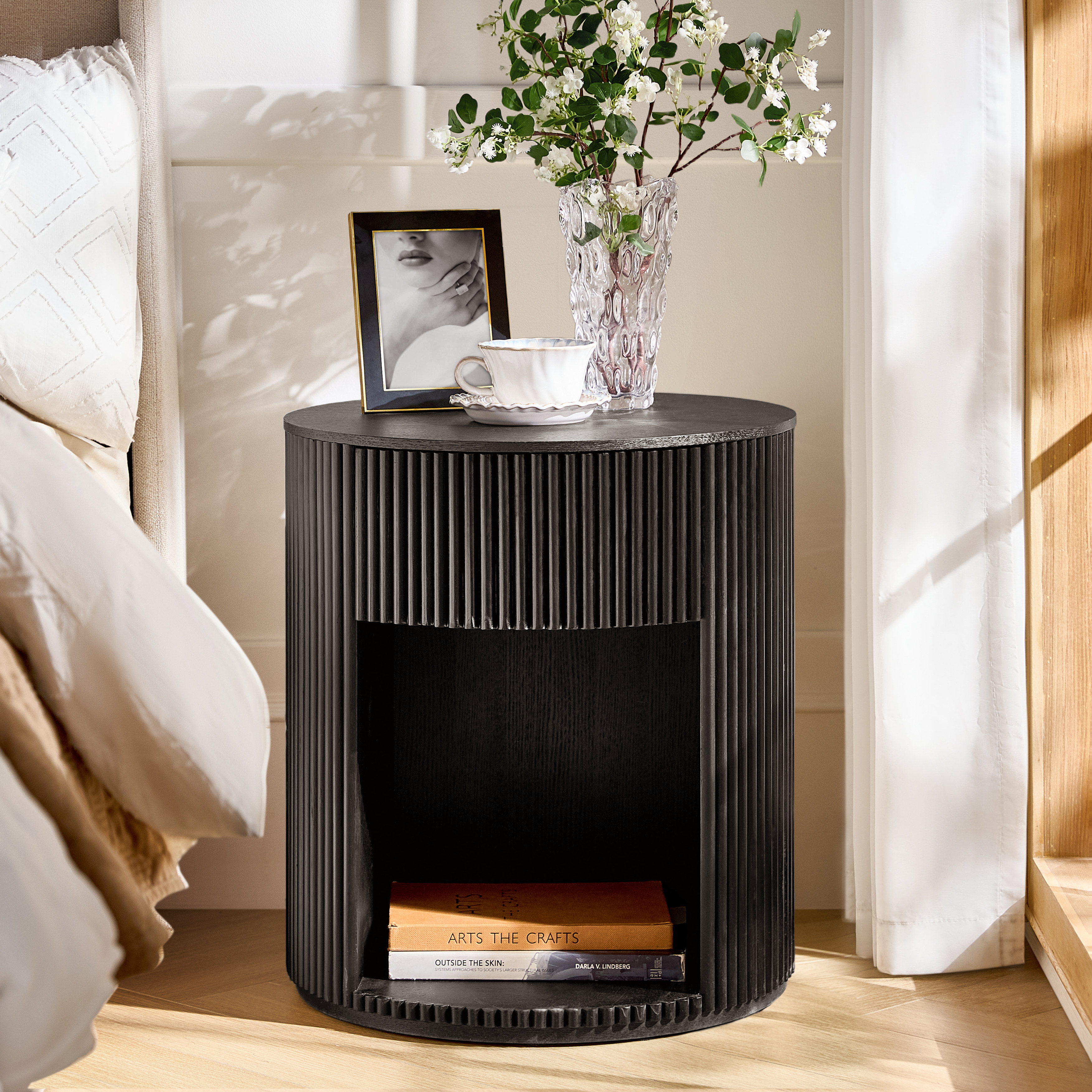 Modern Round Fluted End Table with Hidden Storage, Solid Wood Side Table