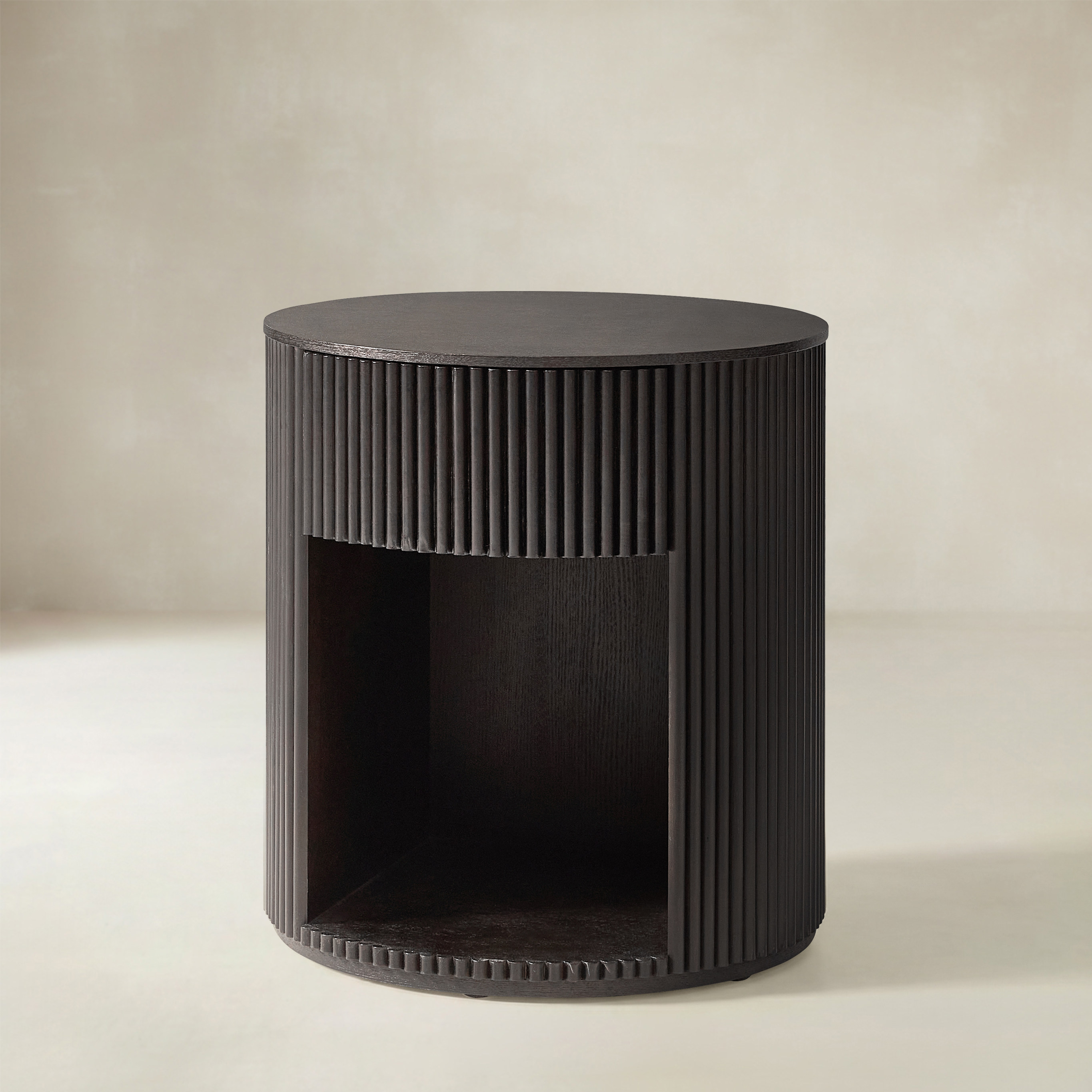Modern Round Fluted End Table with Hidden Storage, Solid Wood Side Table