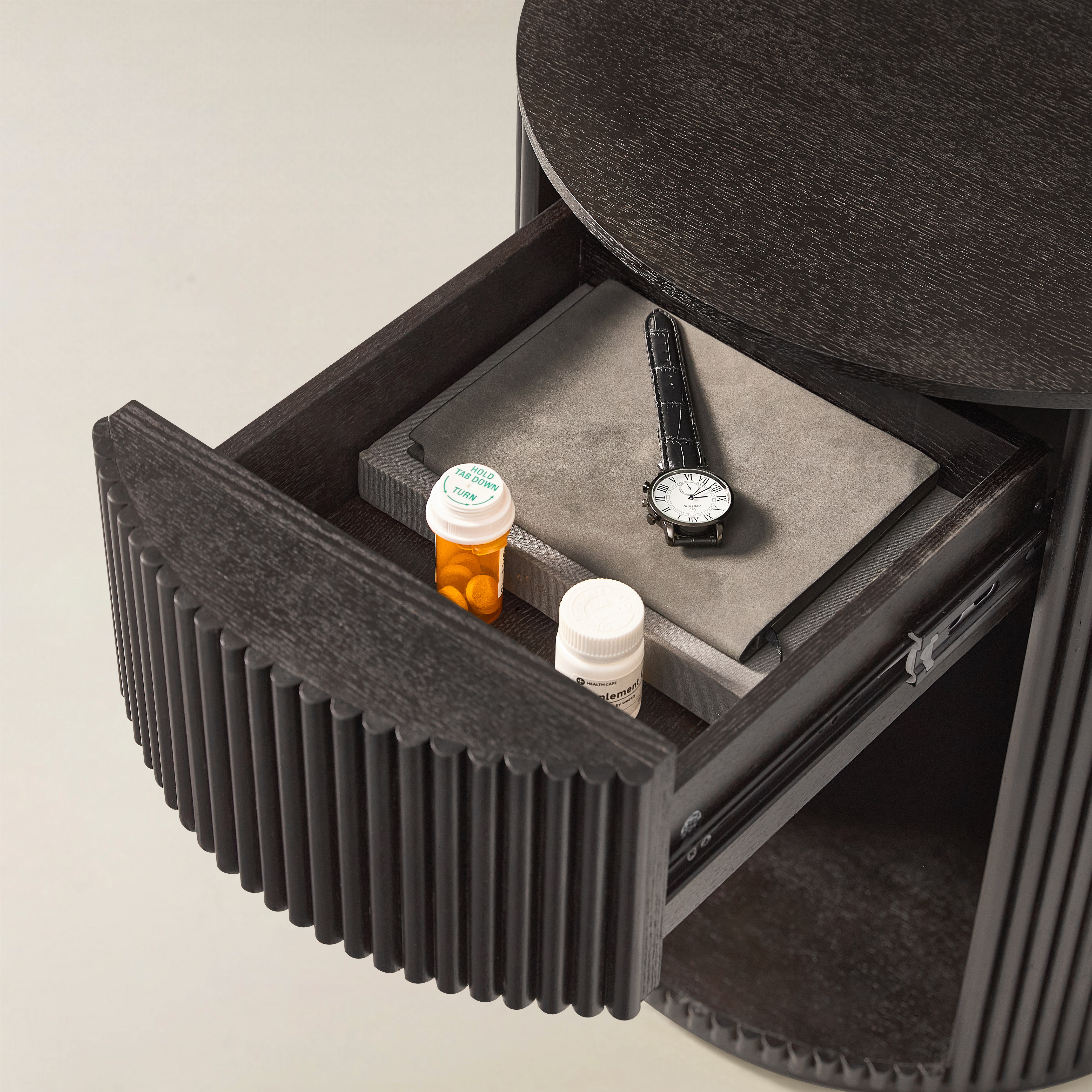 Modern Round Fluted End Table with Hidden Storage, Solid Wood Side Table