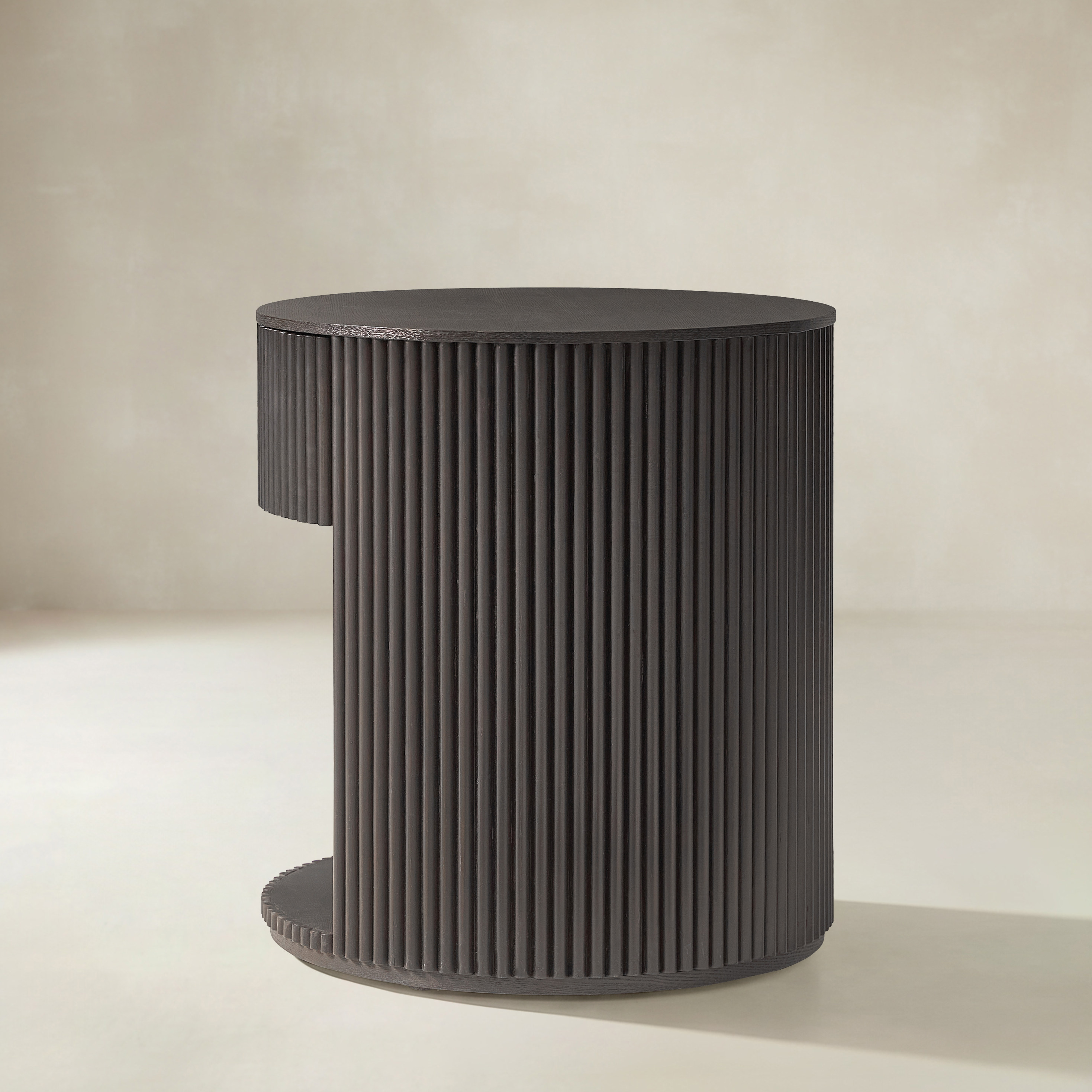 Modern Round Fluted End Table with Hidden Storage, Solid Wood Side Table