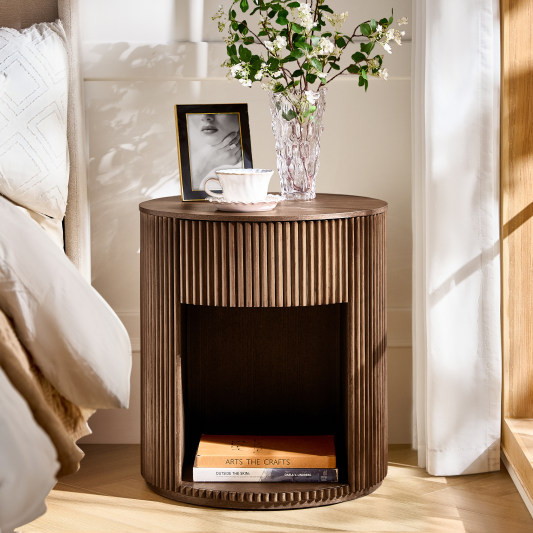 Modern Round Fluted End Table with Hidden Storage, Solid Wood Side Table