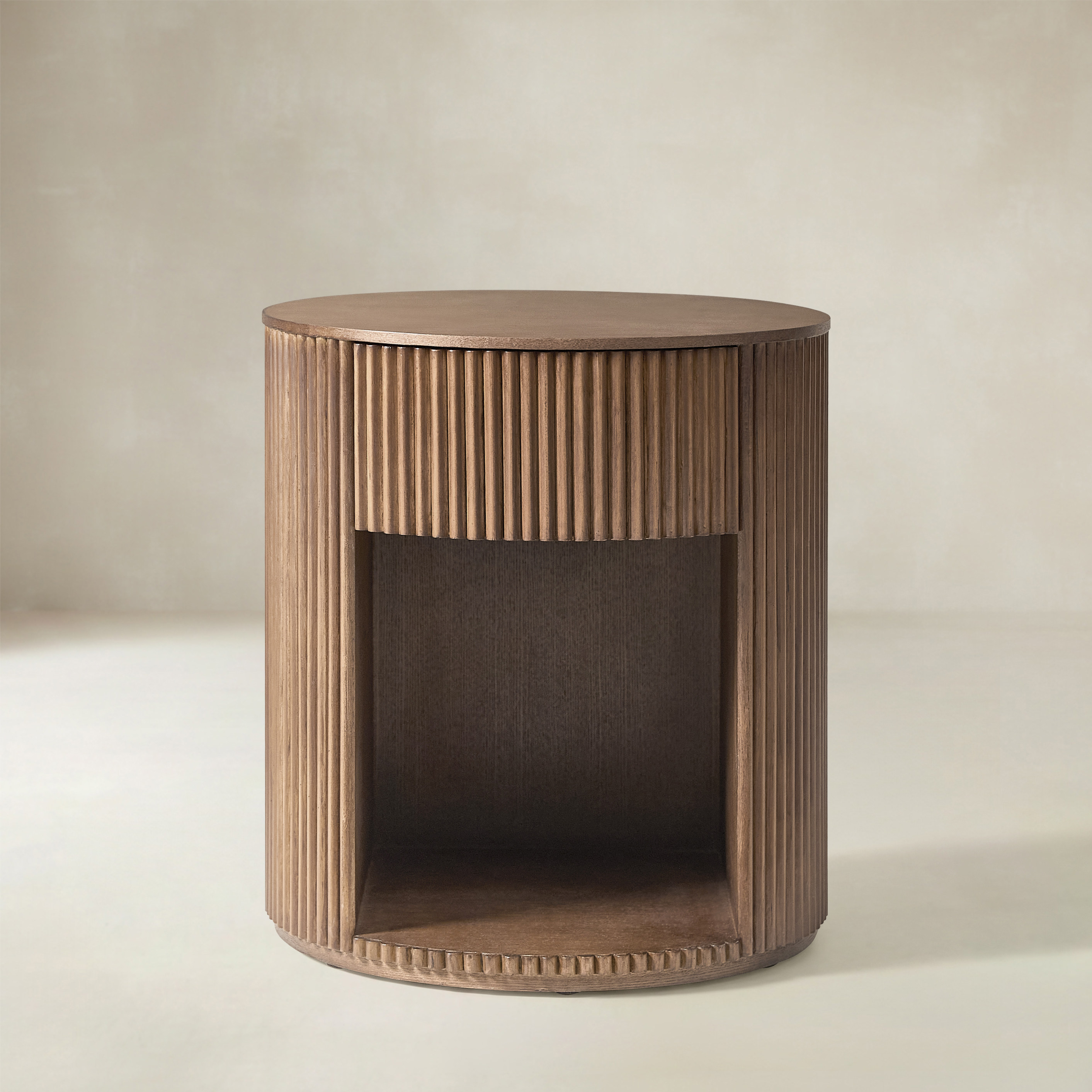 Modern Round Fluted End Table with Hidden Storage, Solid Wood Side Table
