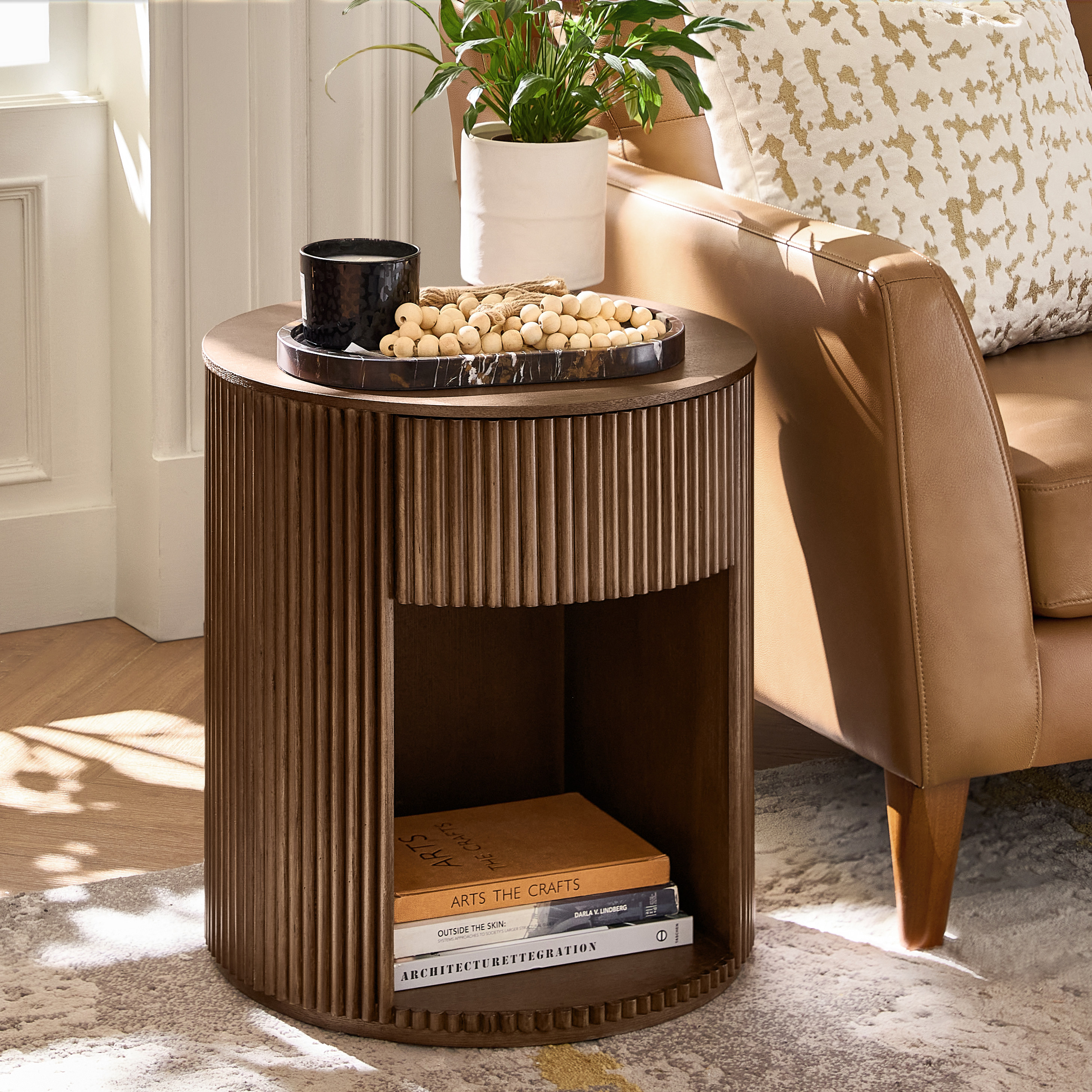 Modern Round Fluted End Table with Hidden Storage, Solid Wood Side Table