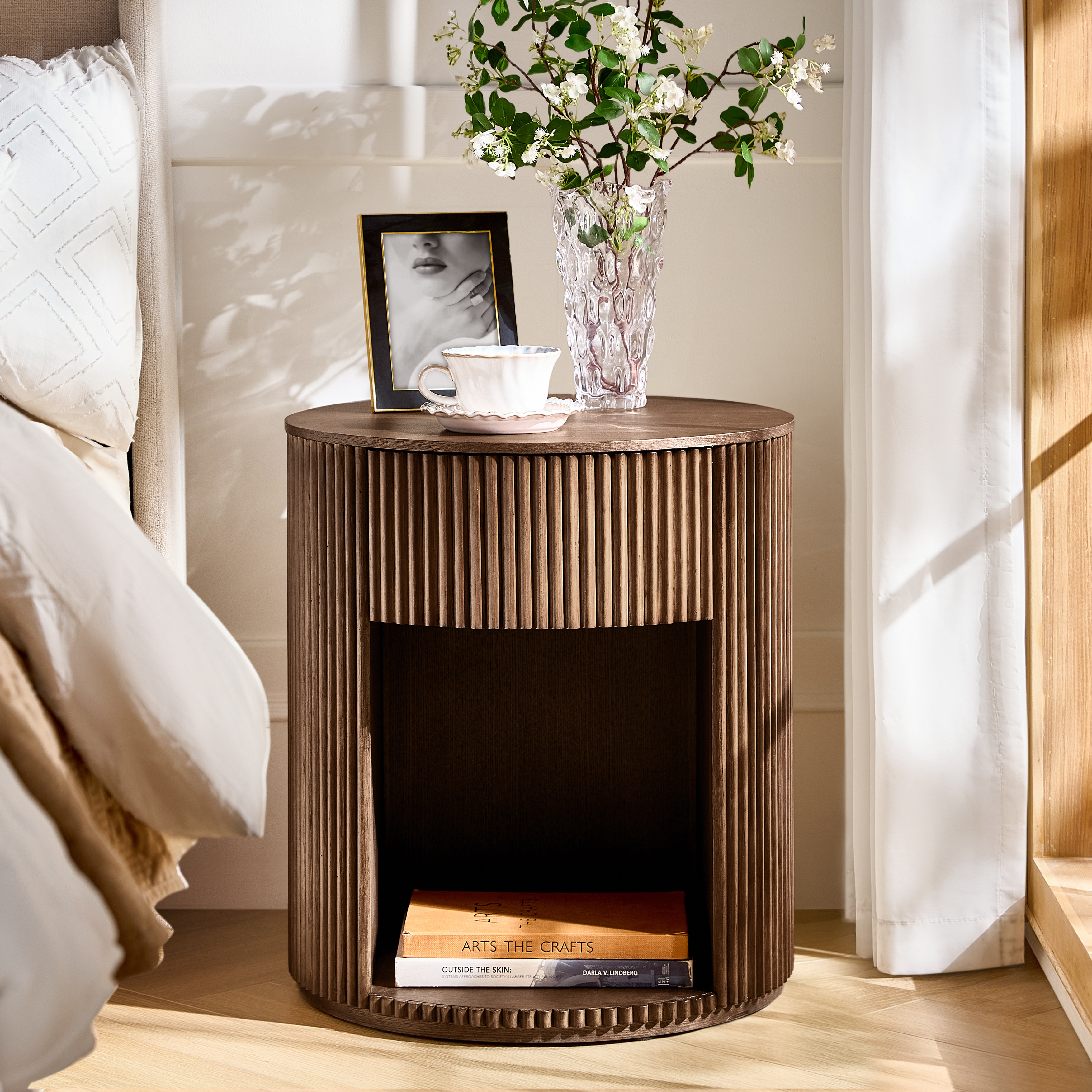 Modern Round Fluted End Table with Hidden Storage, Solid Wood Side Table