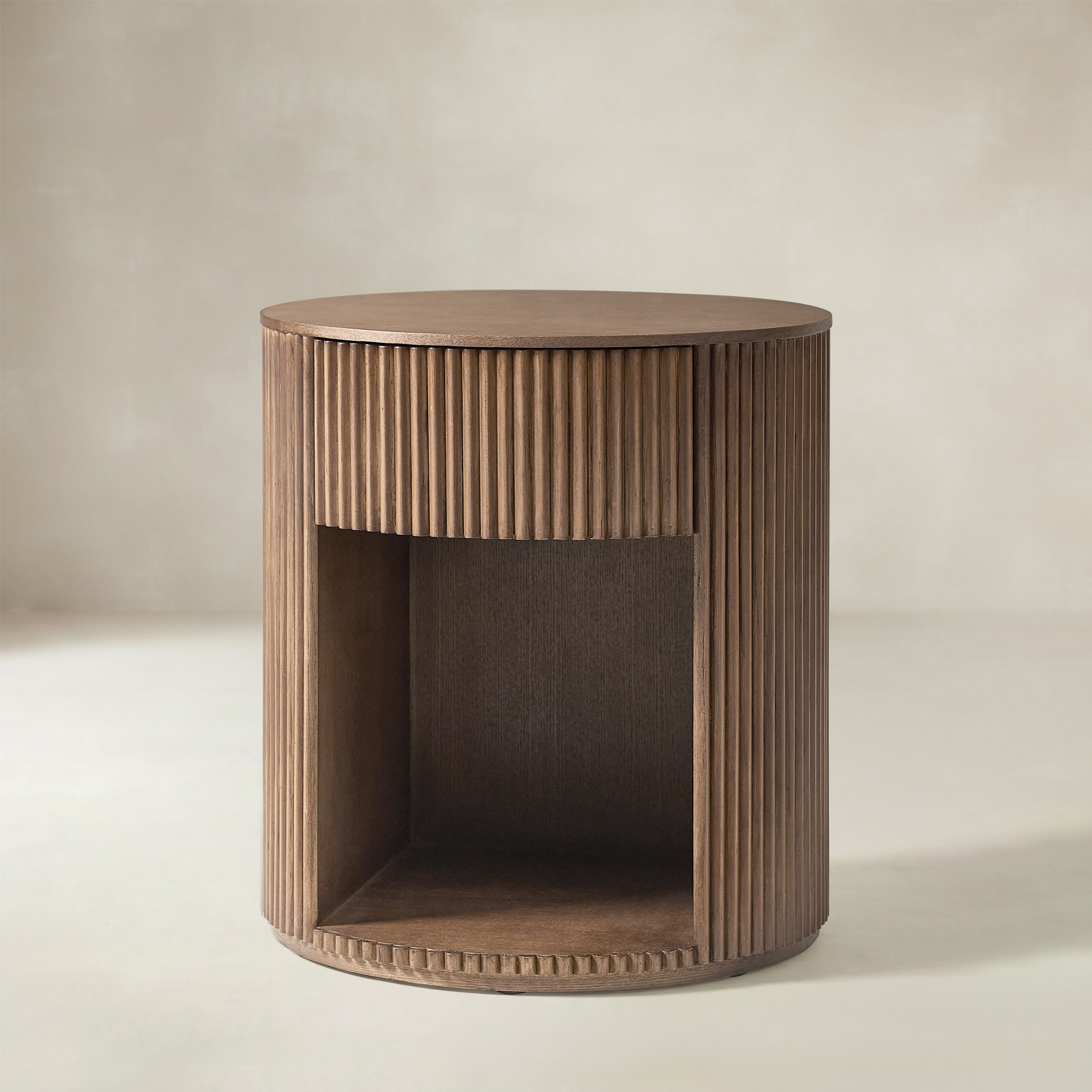 Modern Round Fluted End Table with Hidden Storage, Solid Wood Side Table