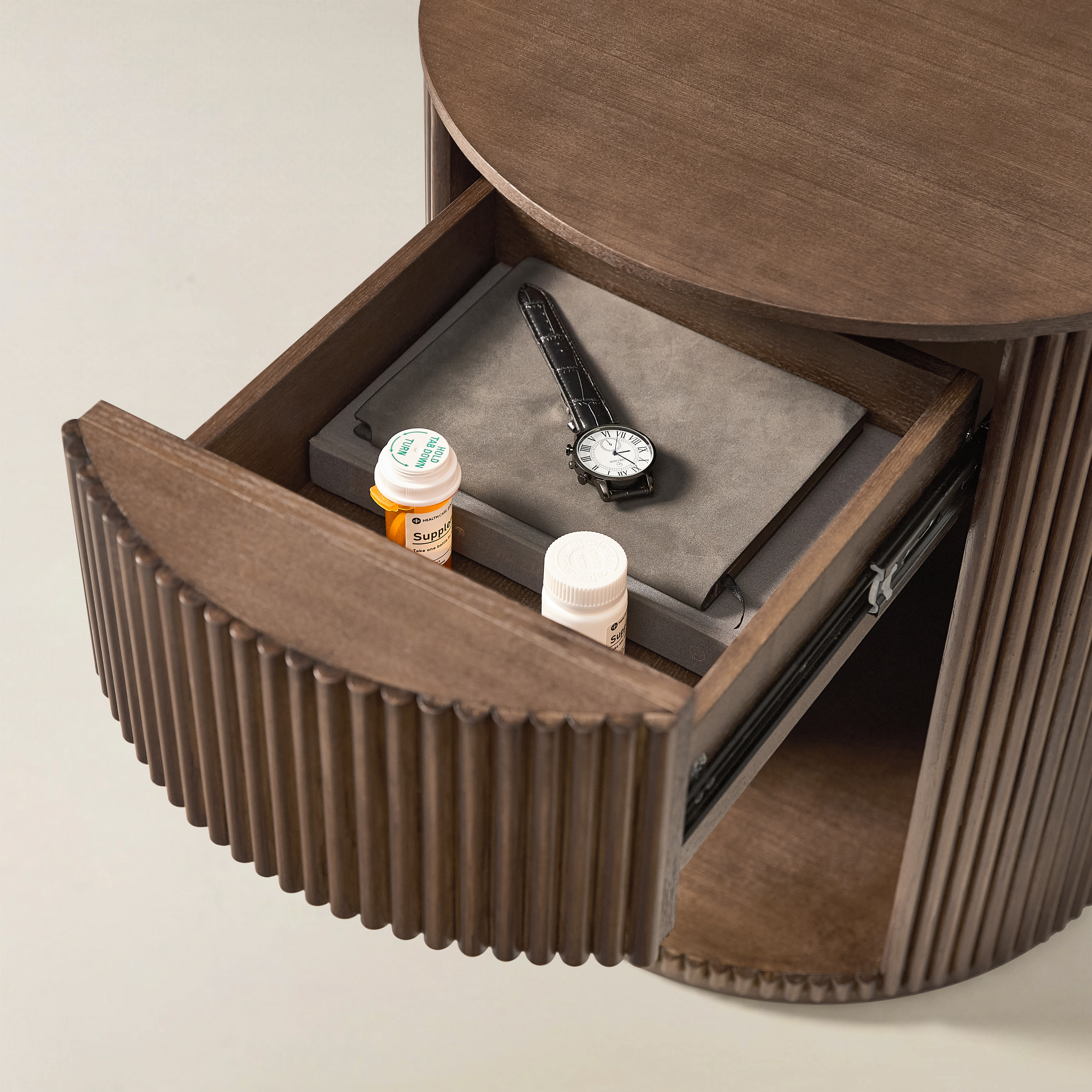 Modern Round Fluted End Table with Hidden Storage, Solid Wood Side Table