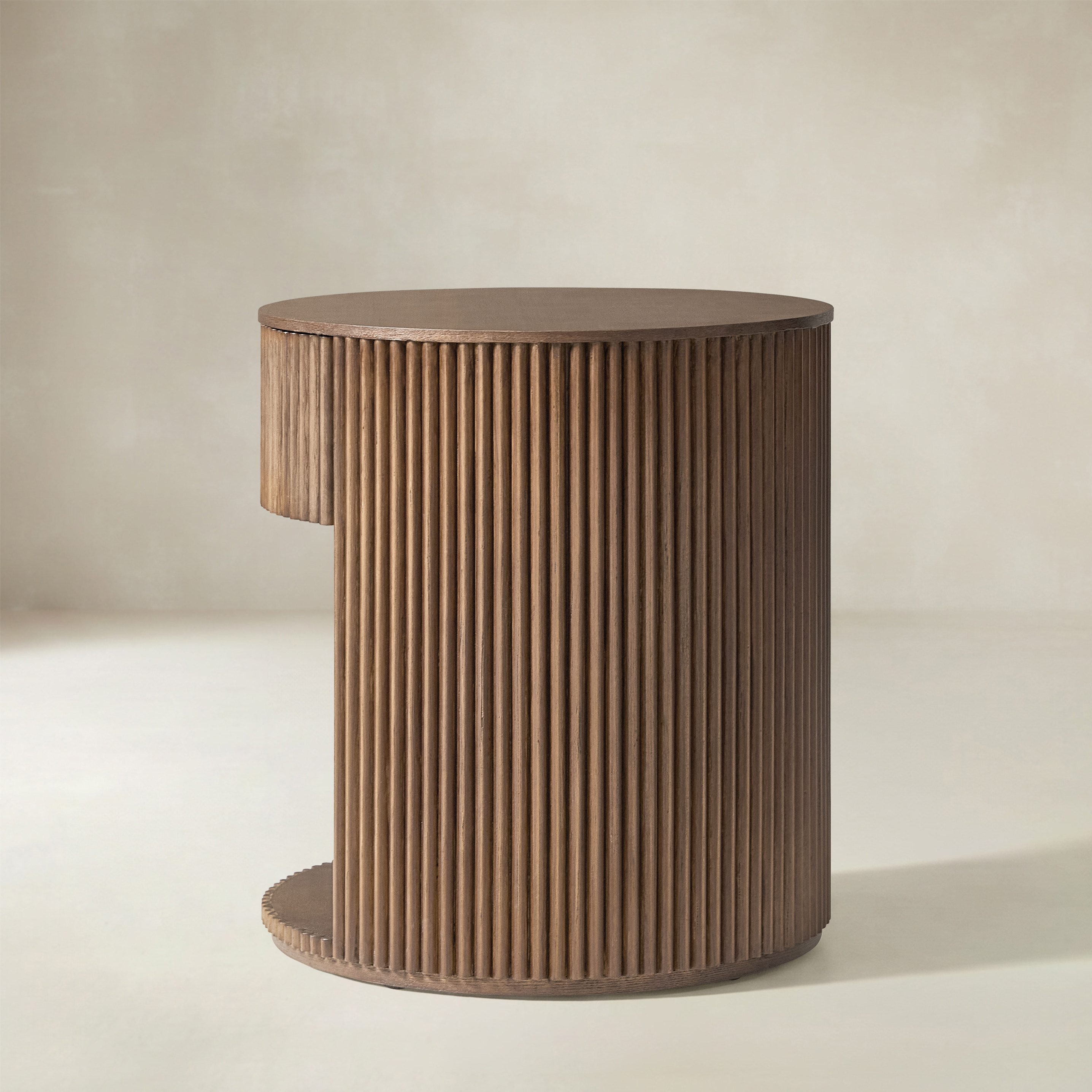 Modern Round Fluted End Table with Hidden Storage, Solid Wood Side Table