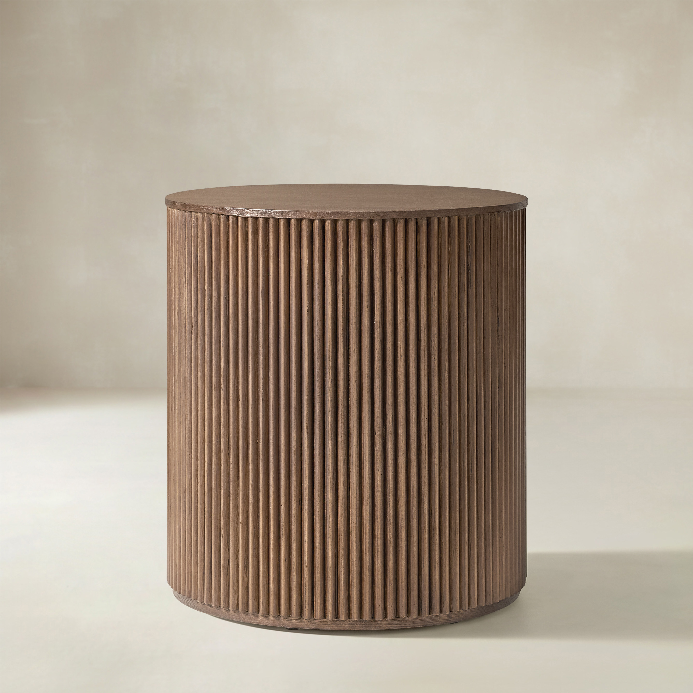 Modern Round Fluted End Table with Hidden Storage, Solid Wood Side Table