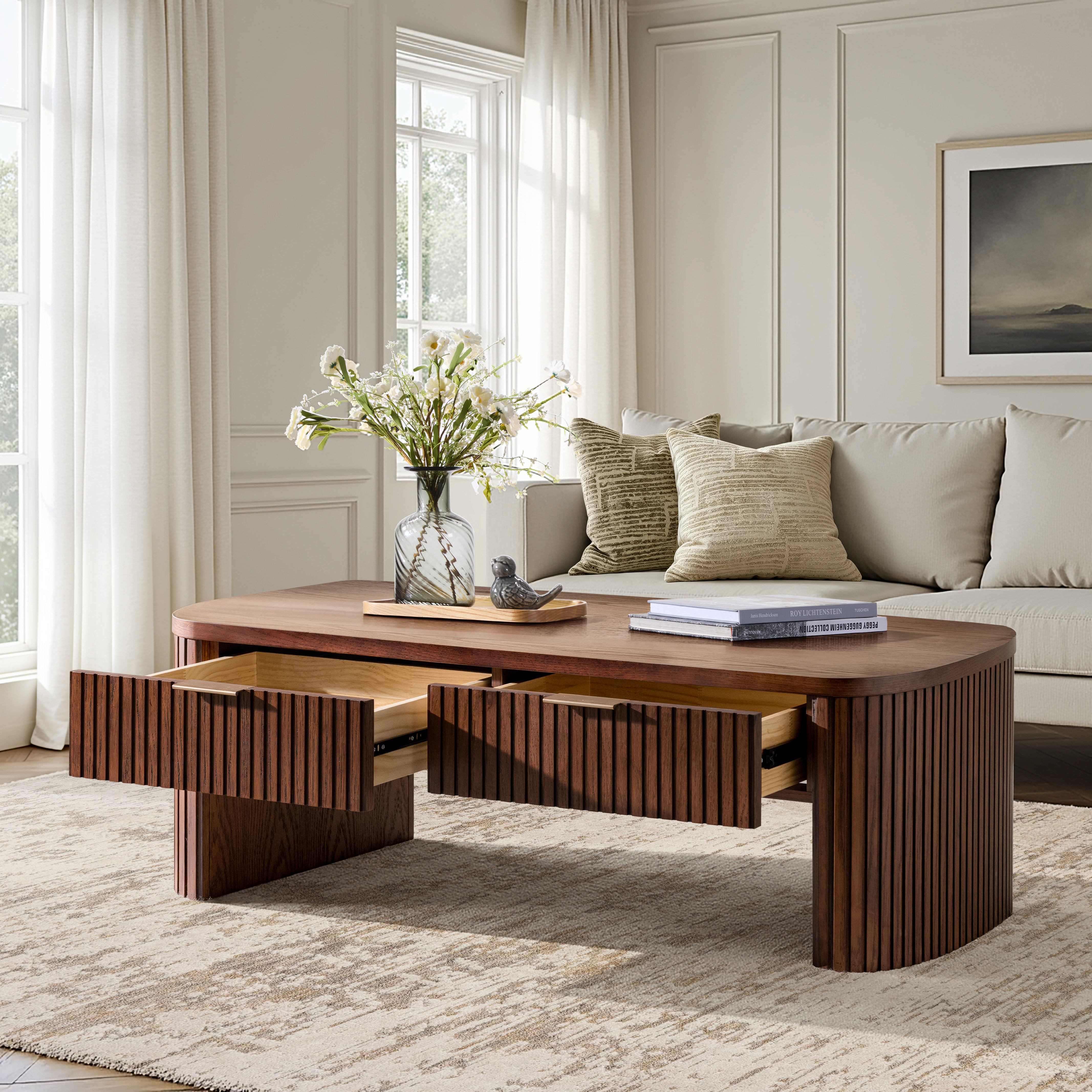 Filipo Modern Fluted Coffee Table with Drawers