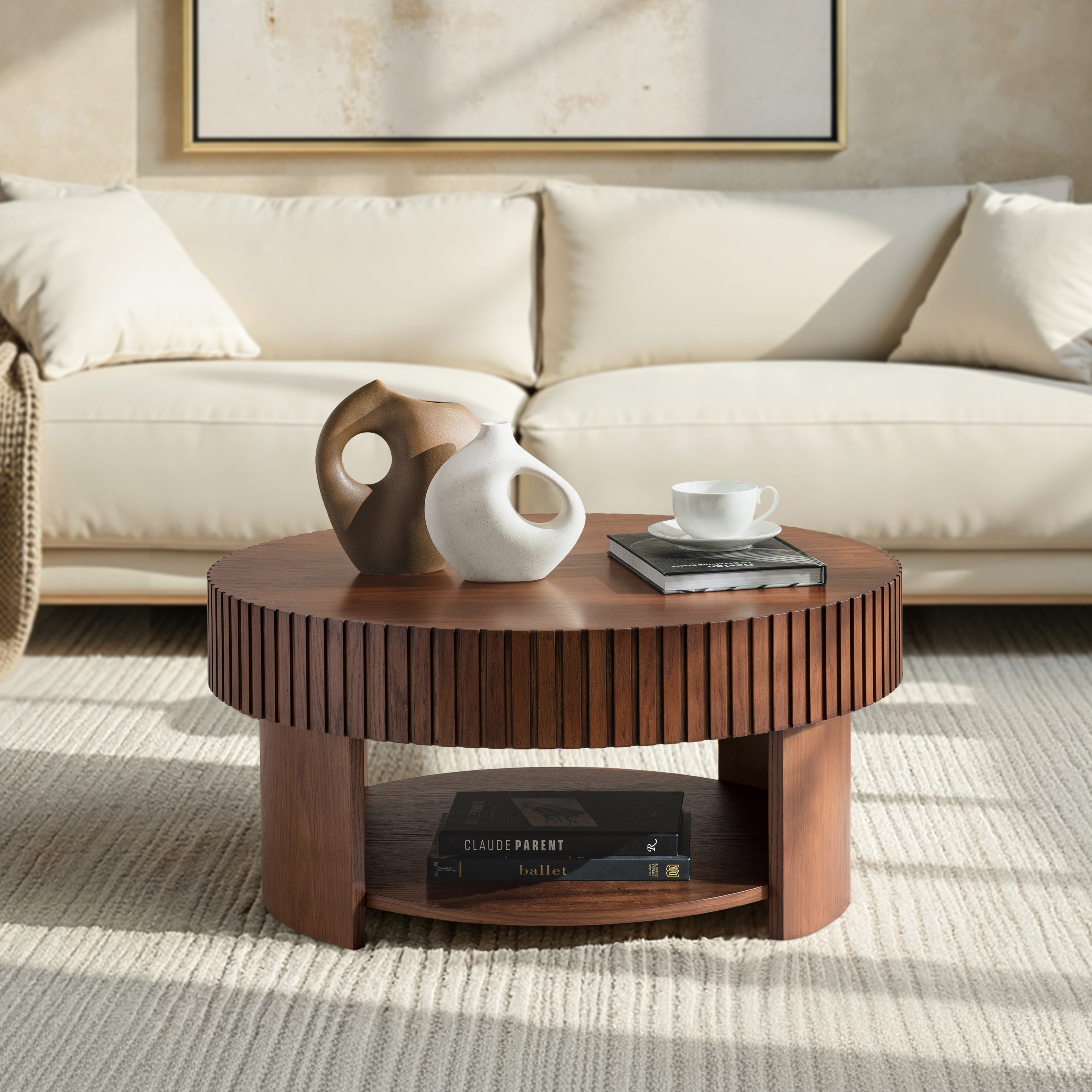 [Copy]Multifunctional Slatted Design Lift-Top Coffee Table with Hidden Storage and Drawers