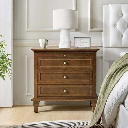 Galatea Farmhouse 3-Drawer Bedside Table with Shelf &amp; Charging Port