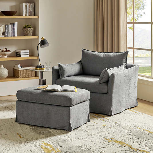 Miles Farmhouse Slipcovered Armchair with Large Ottoman