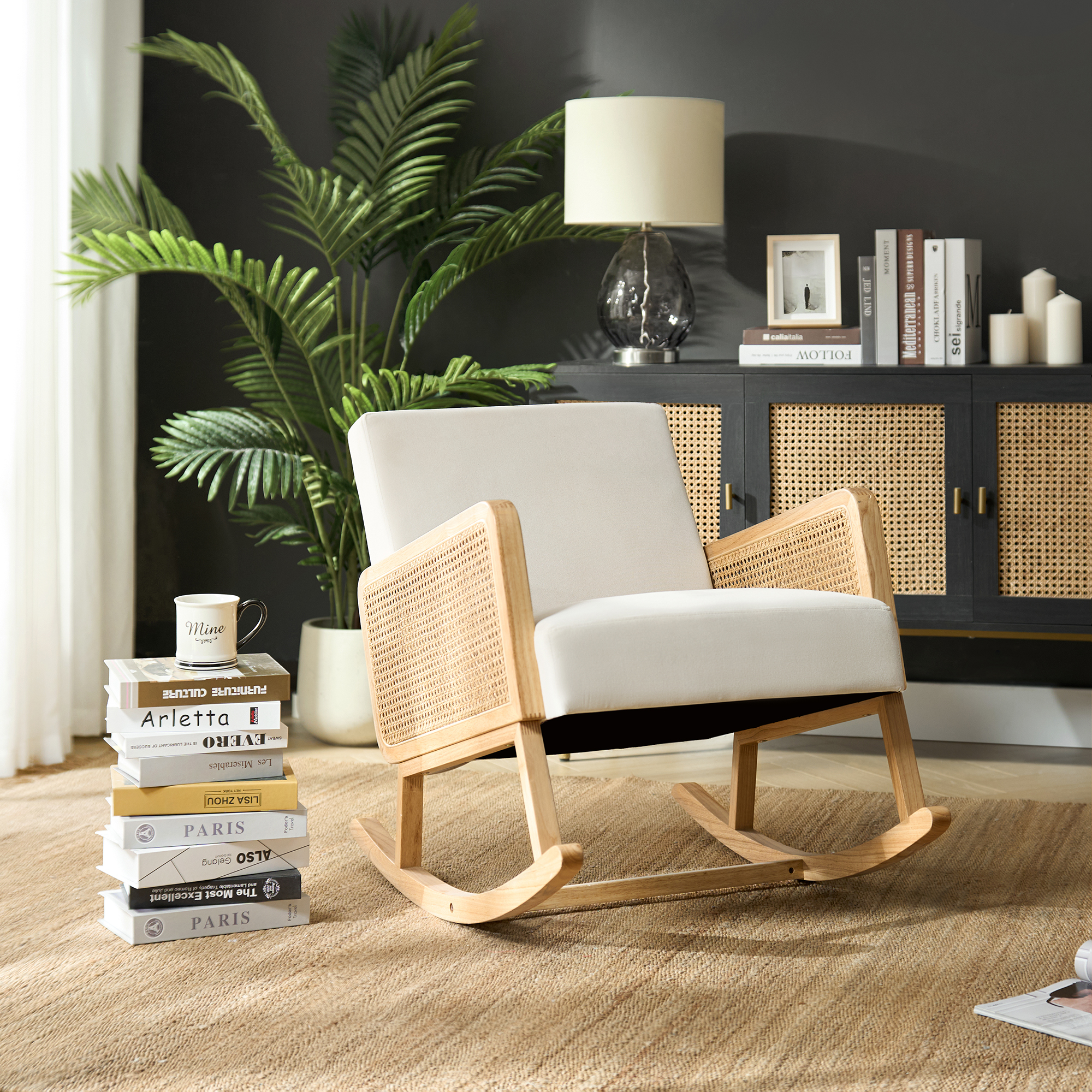 Yamat Velvet Rocking Armchair with Cane Arms