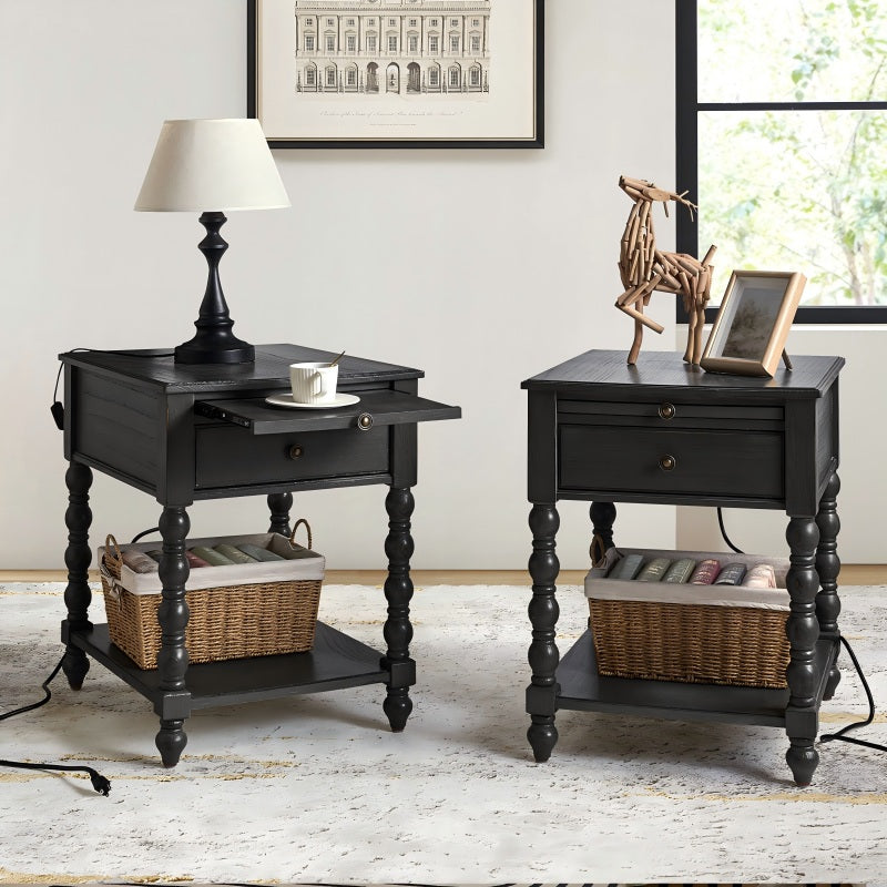Ira Farmhouse Solid Wood End Table with Built-in Charging Outlets