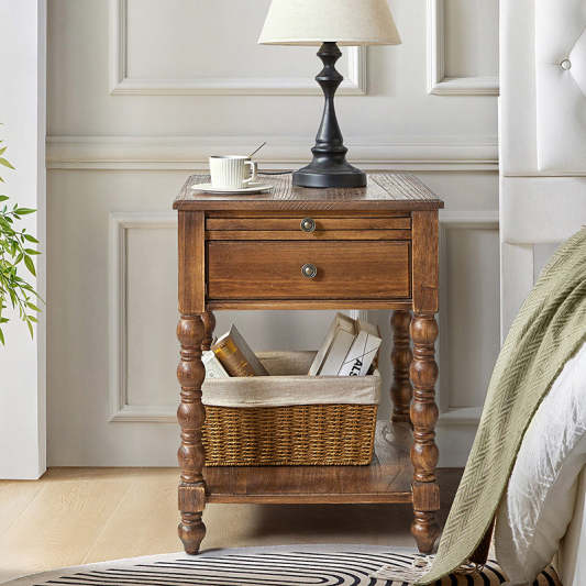 Ira Farmhouse Solid Wood End Table with Built-in Charging Outlets