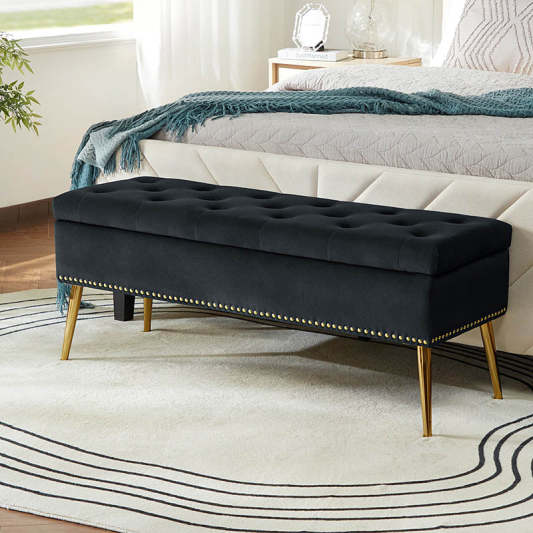 Lenore Velvet Upholstered Storage Bench with Gold Base &amp; Nailhead Trim