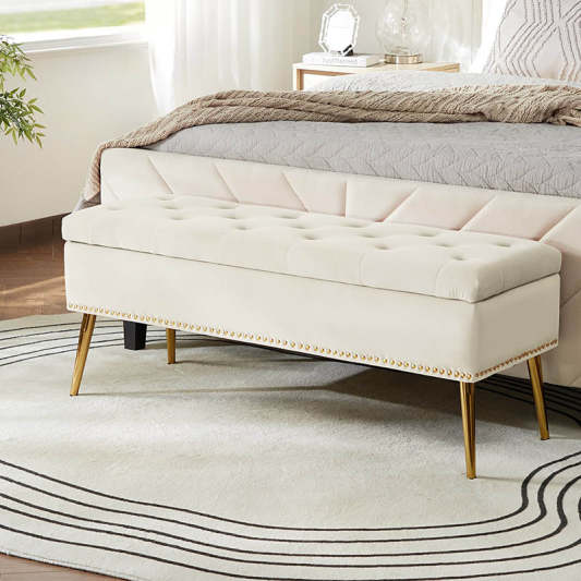 Lenore Velvet Upholstered Storage Bench with Gold Base &amp; Nailhead Trim