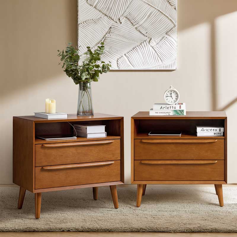 Lilian Mid-Century Bedside Table with Charging Station & Shelf