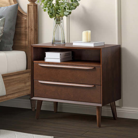Lilian Mid-Century Bedside Table with Charging Station &amp; Shelf