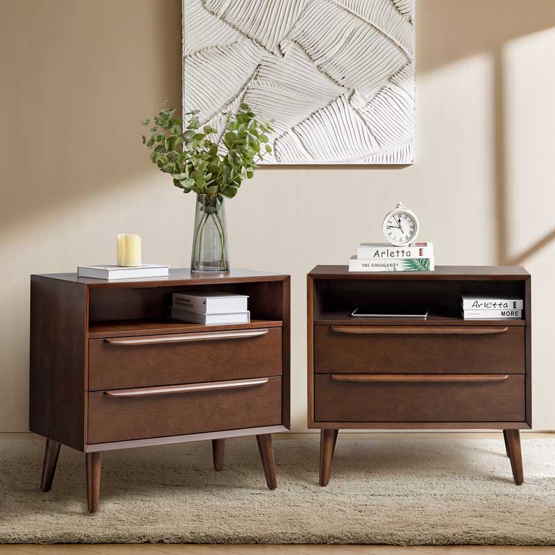 Lilian Mid-Century Bedside Table with Charging Station & Shelf