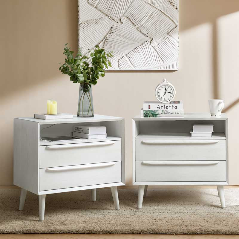 Lilian Mid-Century Bedside Table with Charging Station & Shelf