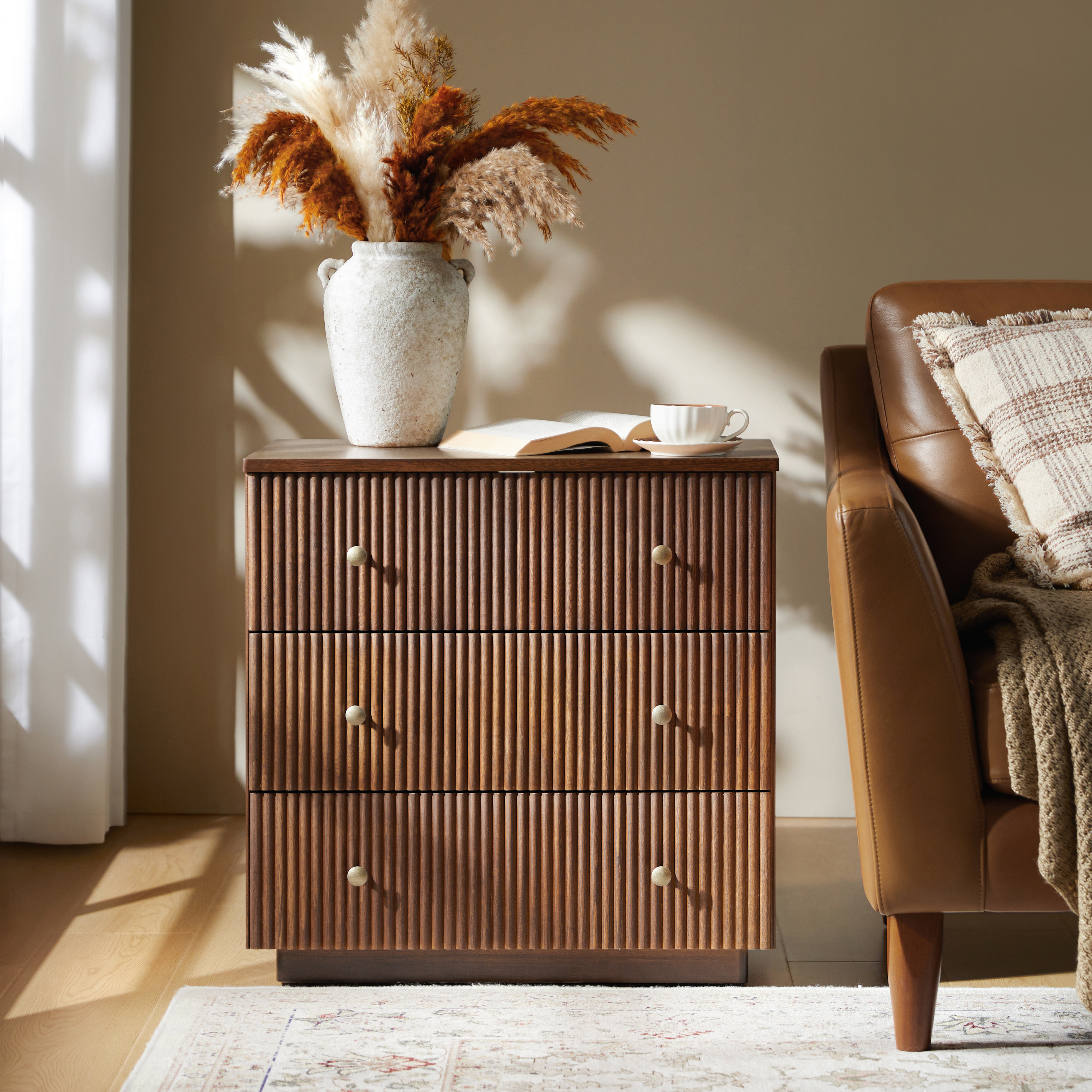 Camille Solid Wood End Table with 3 Drawers & Charging Station