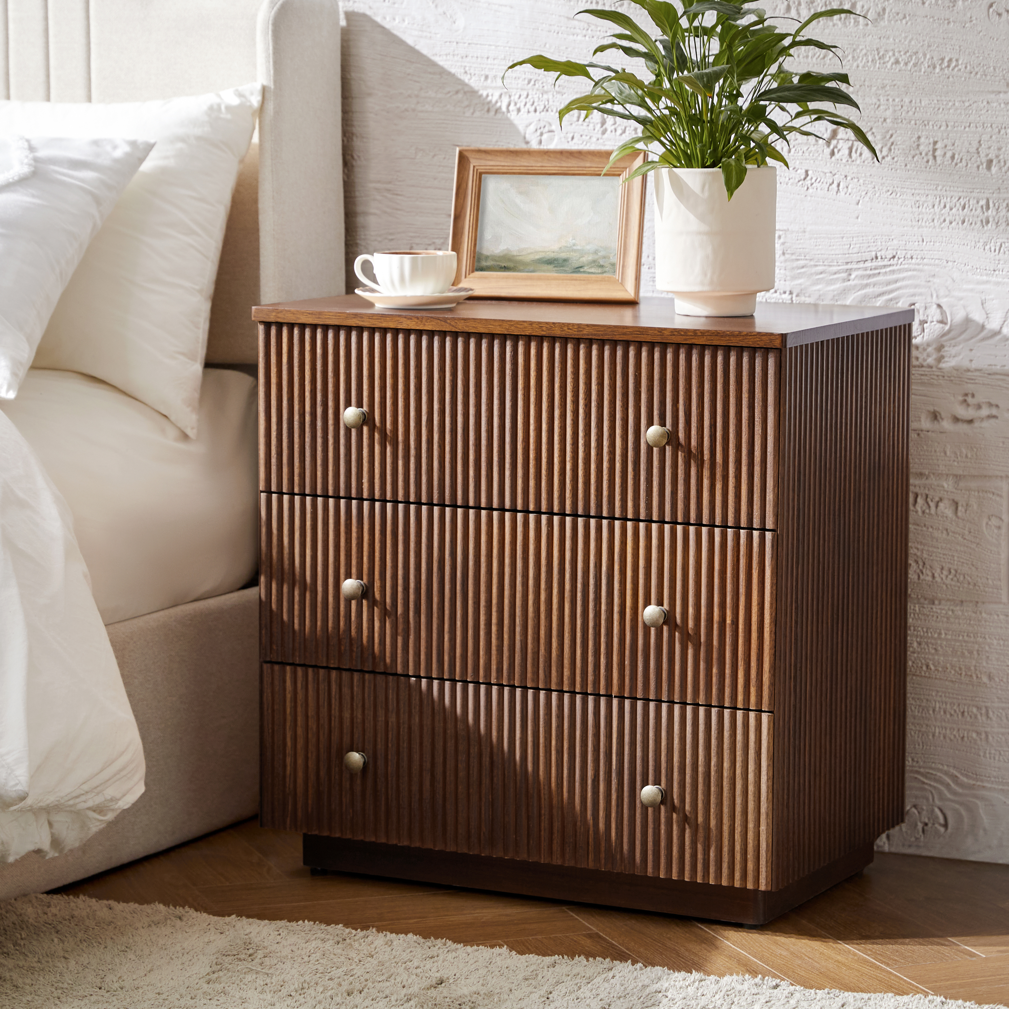 Camille Solid Wood End Table with 3 Drawers & Charging Station | Hulala Home UK