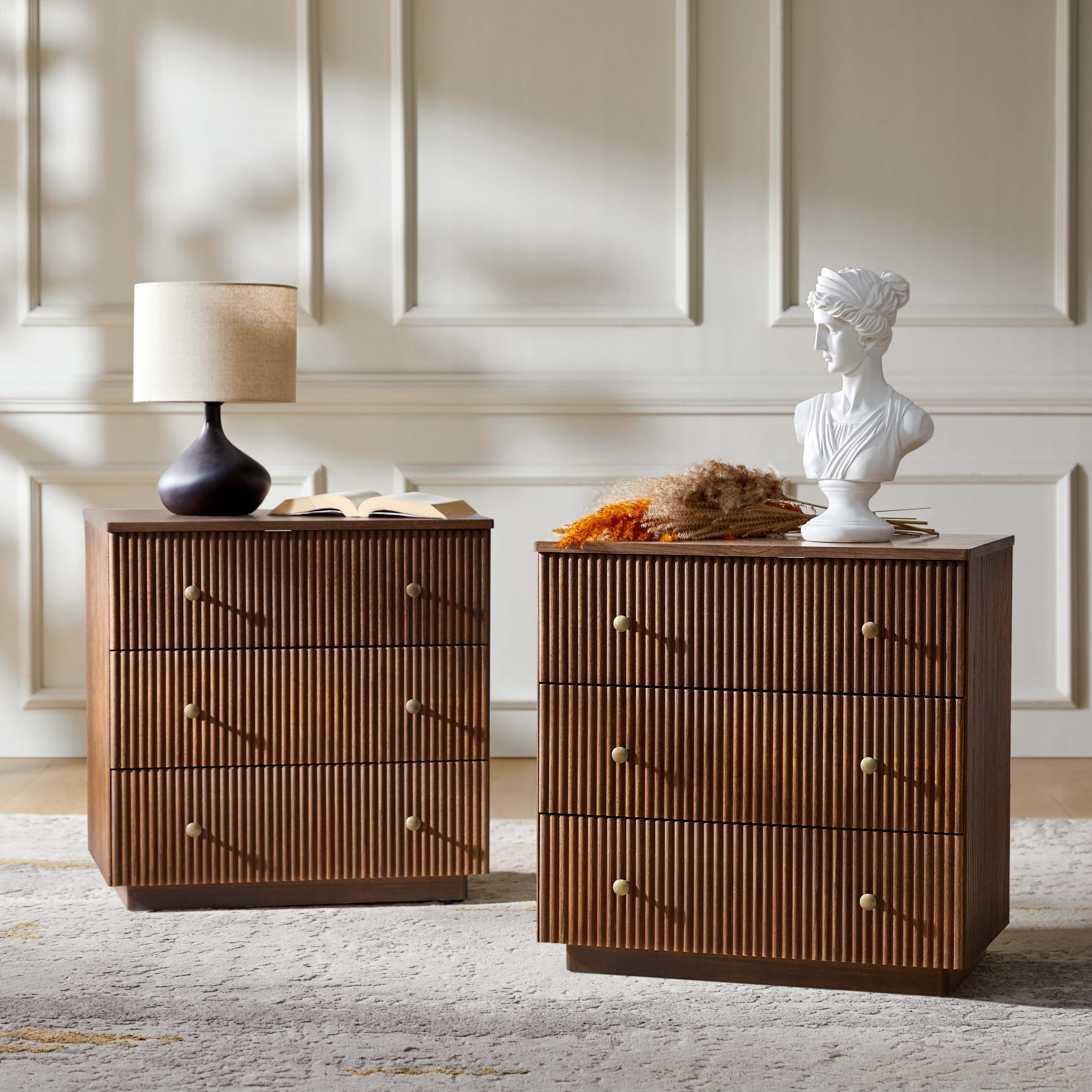 Camille Solid Wood End Table with 3 Drawers & Charging Station
