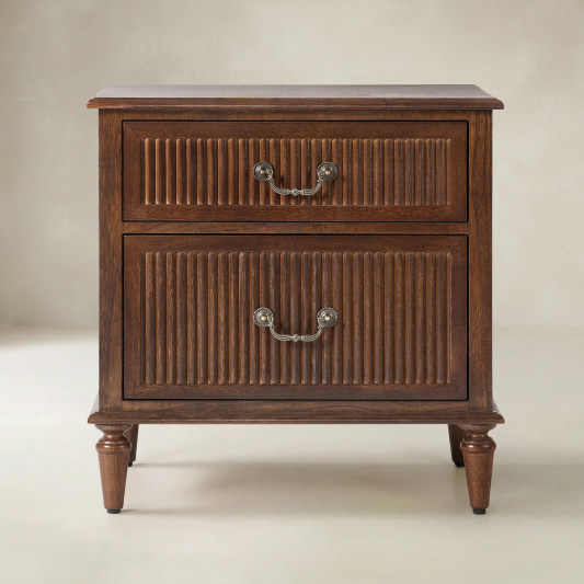 Farmhouse Solid Wood Bedside Table with 2 Drawers &amp; Charging Station