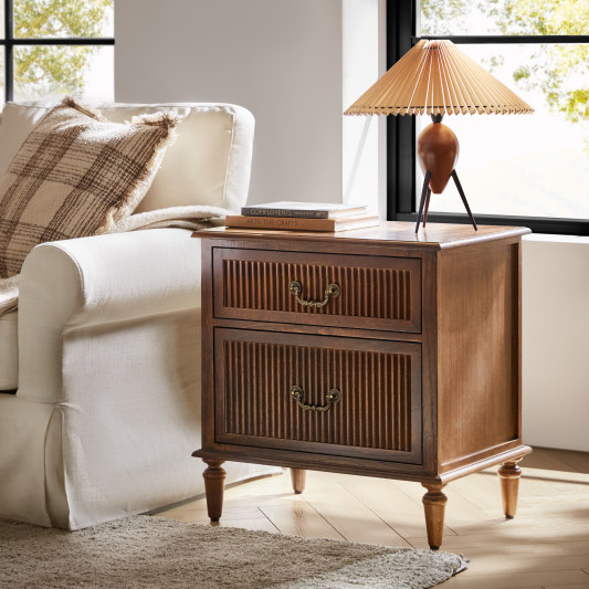 Farmhouse Solid Wood Bedside Table with 2 Drawers &amp; Charging Station