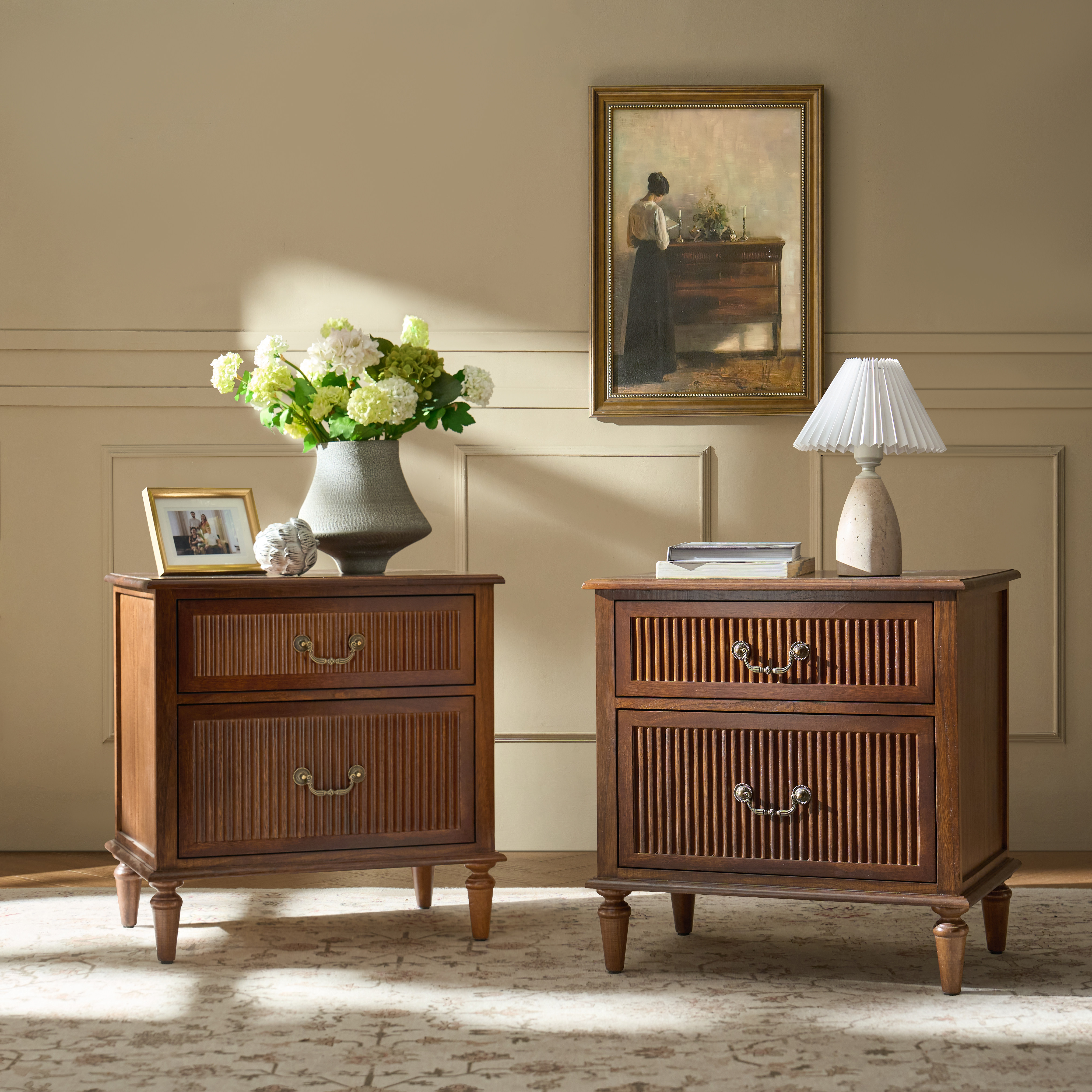 Farmhouse Solid Wood Bedside Table with 2 Drawers & Charging Station