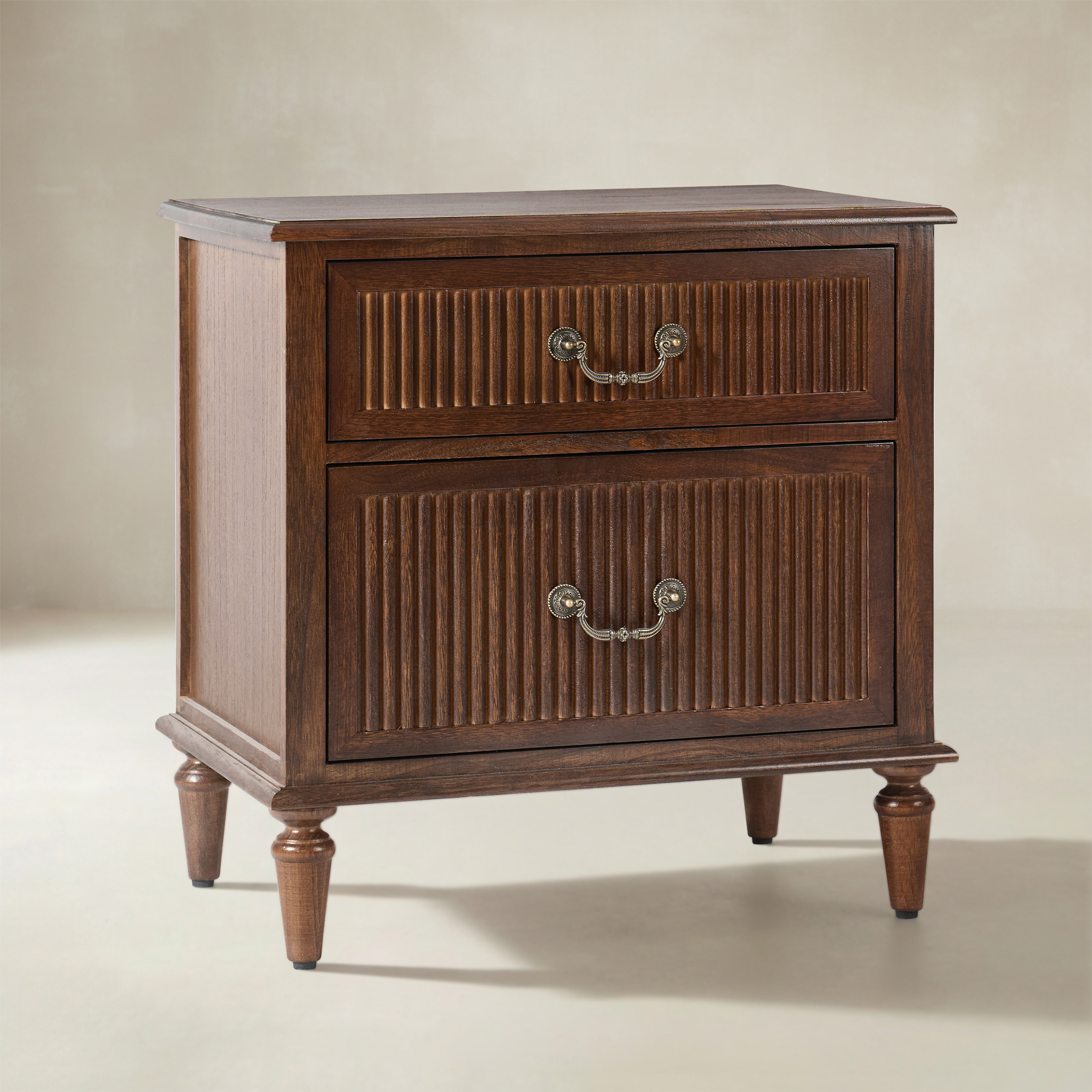 Farmhouse Solid Wood Bedside Table with 2 Drawers & Charging Station
