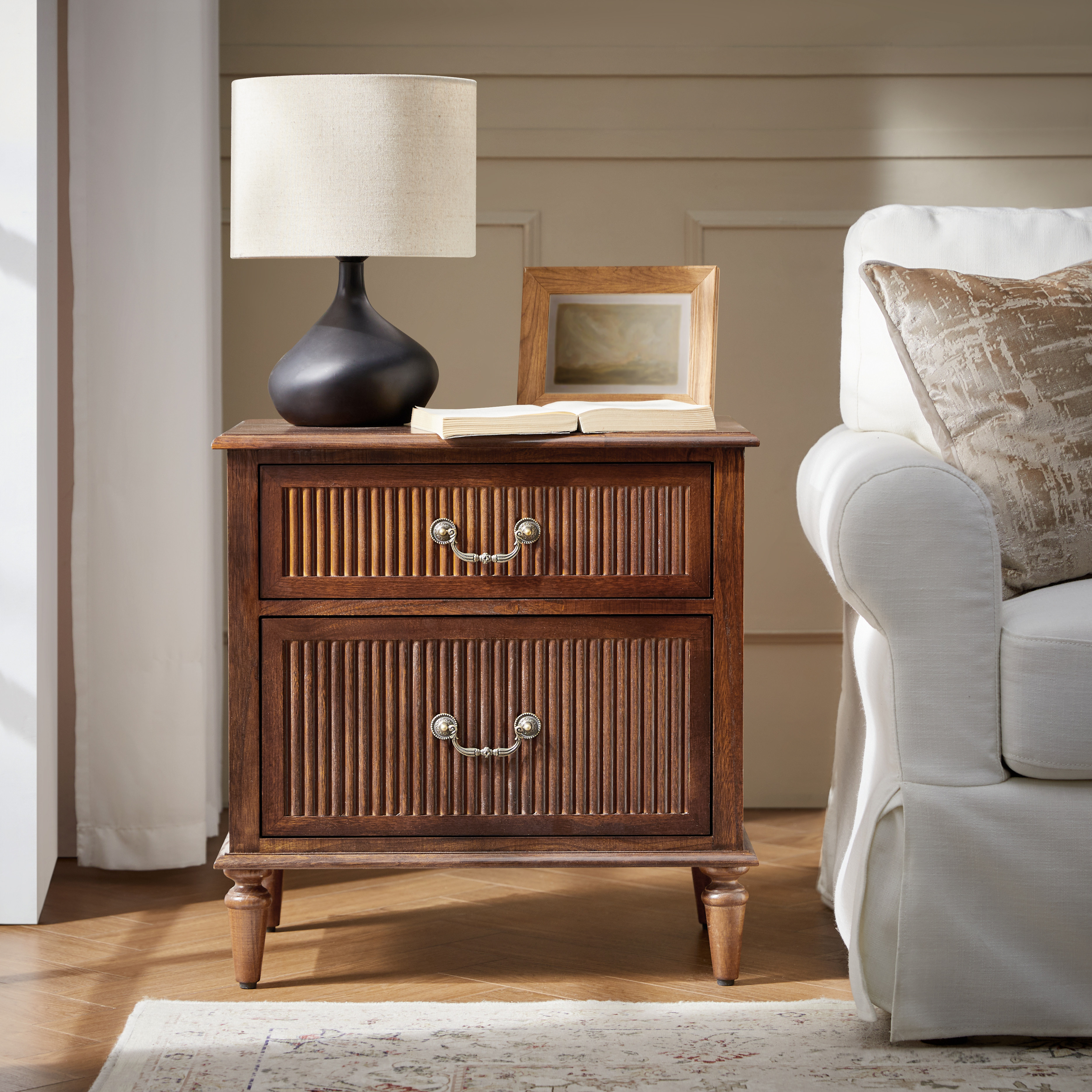 Farmhouse Solid Wood Bedside Table with 2 Drawers & Charging Station