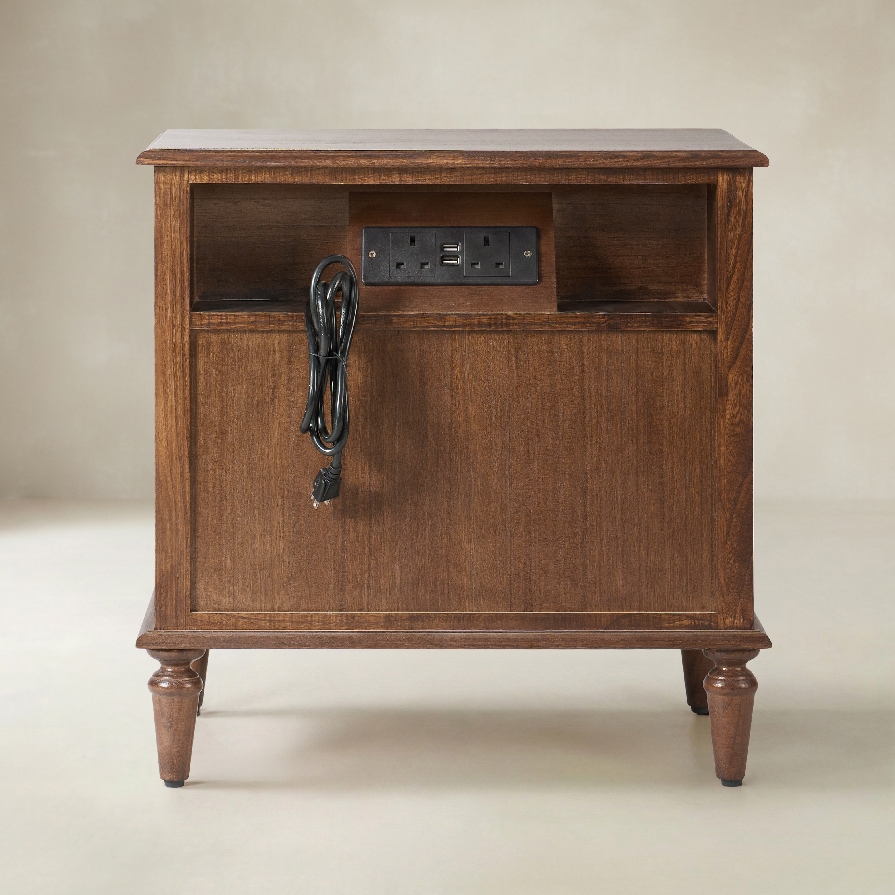 Farmhouse Solid Wood Bedside Table with 2 Drawers & Charging Station