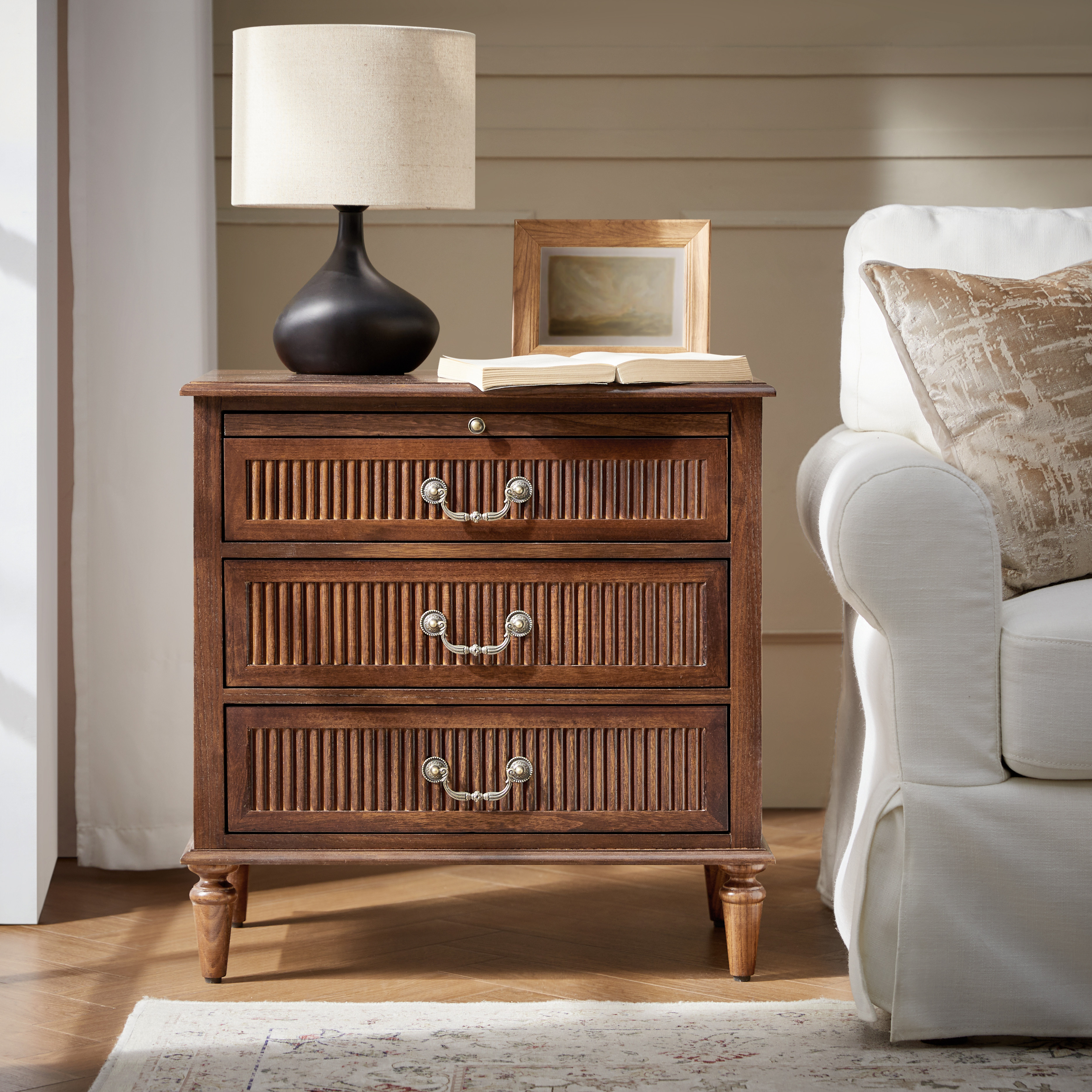 Farmhouse Solid Wood Bedside Table with Drawer & Charging Station | Hulala Home UK