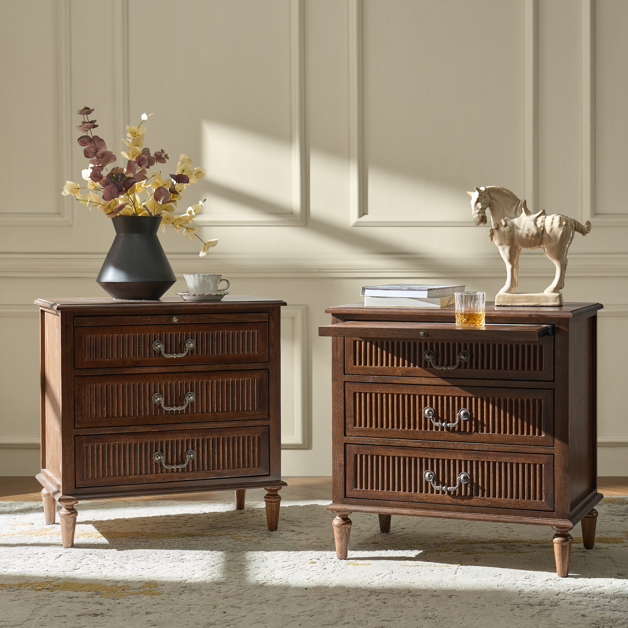 [Copy]Farmhouse Solid Wood Bedside Table with 2 Drawers & Charging Station