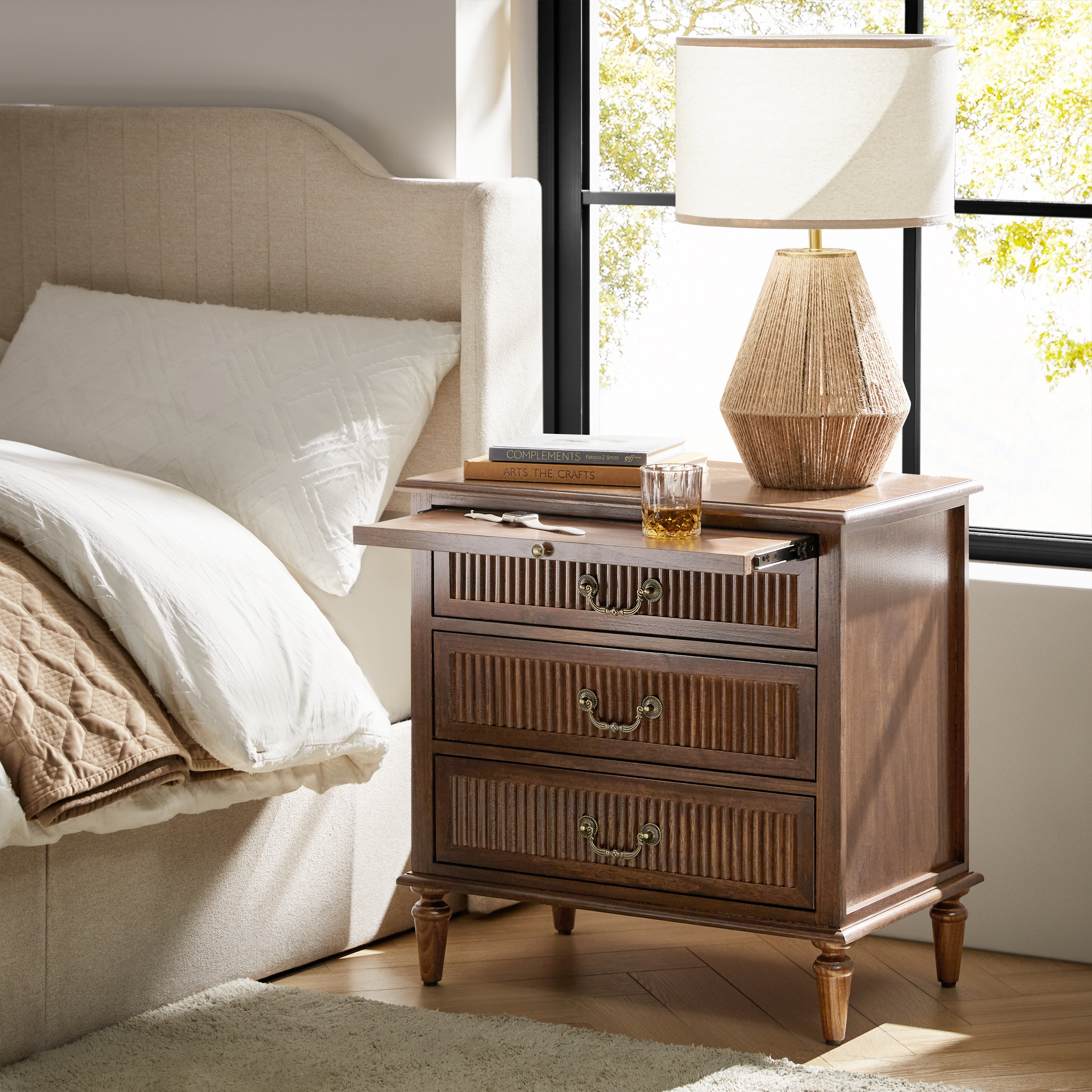 [Copy]Farmhouse Solid Wood Bedside Table with 2 Drawers & Charging Station
