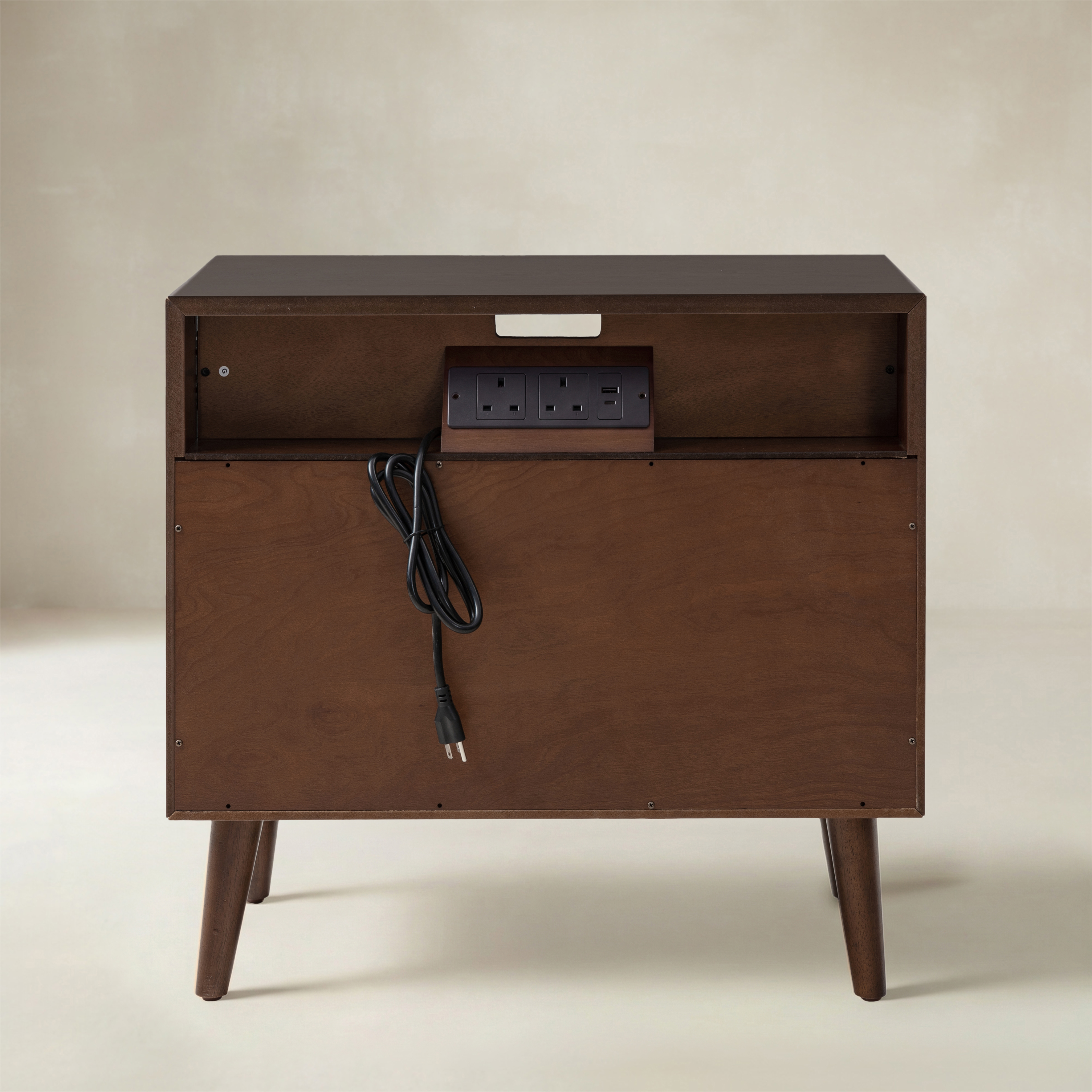 Lilian Mid-Century Bedside Table with Charging Station & Shelf