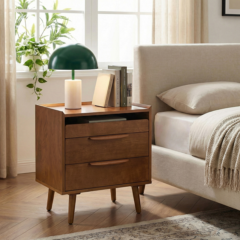 Janet 3 Drawer Mid Century Bedside Table with Charging Station