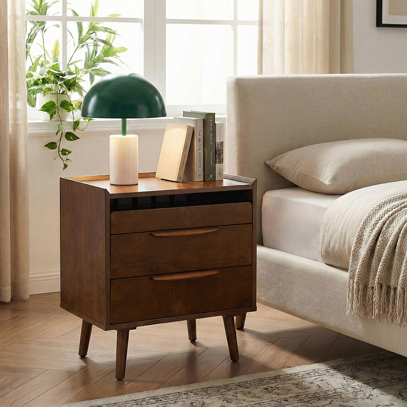 Janet 3 Drawer Mid Century Bedside Table with Charging Station