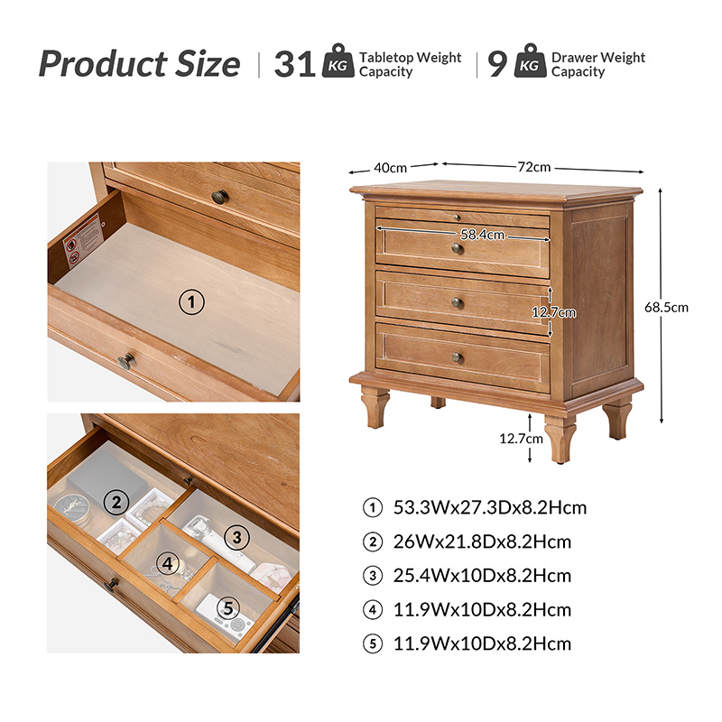 Galatea Farmhouse 3-Drawer Bedside Table with Shelf & Charging Port