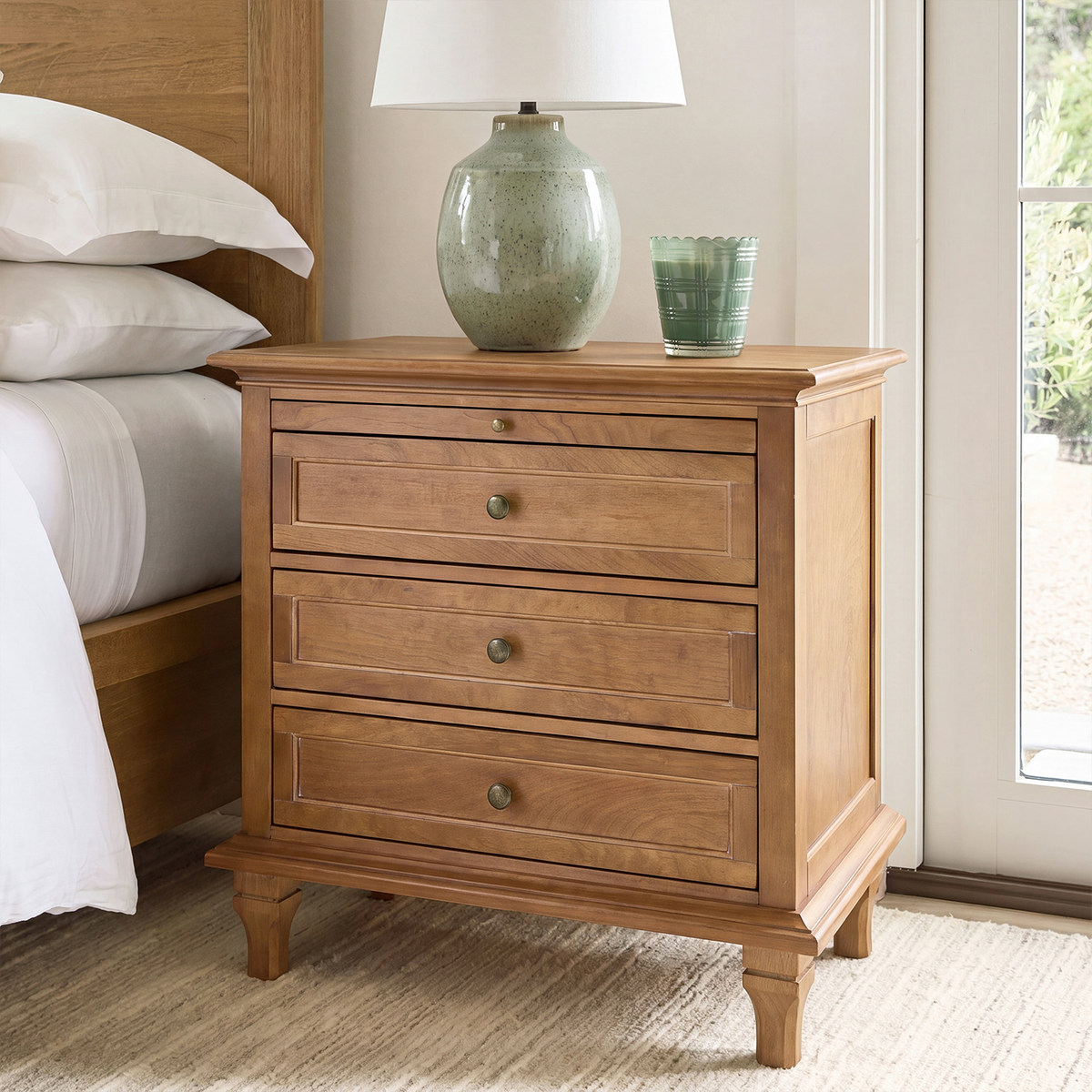 Galatea Farmhouse 3-Drawer Bedside Table with Shelf & Charging Port