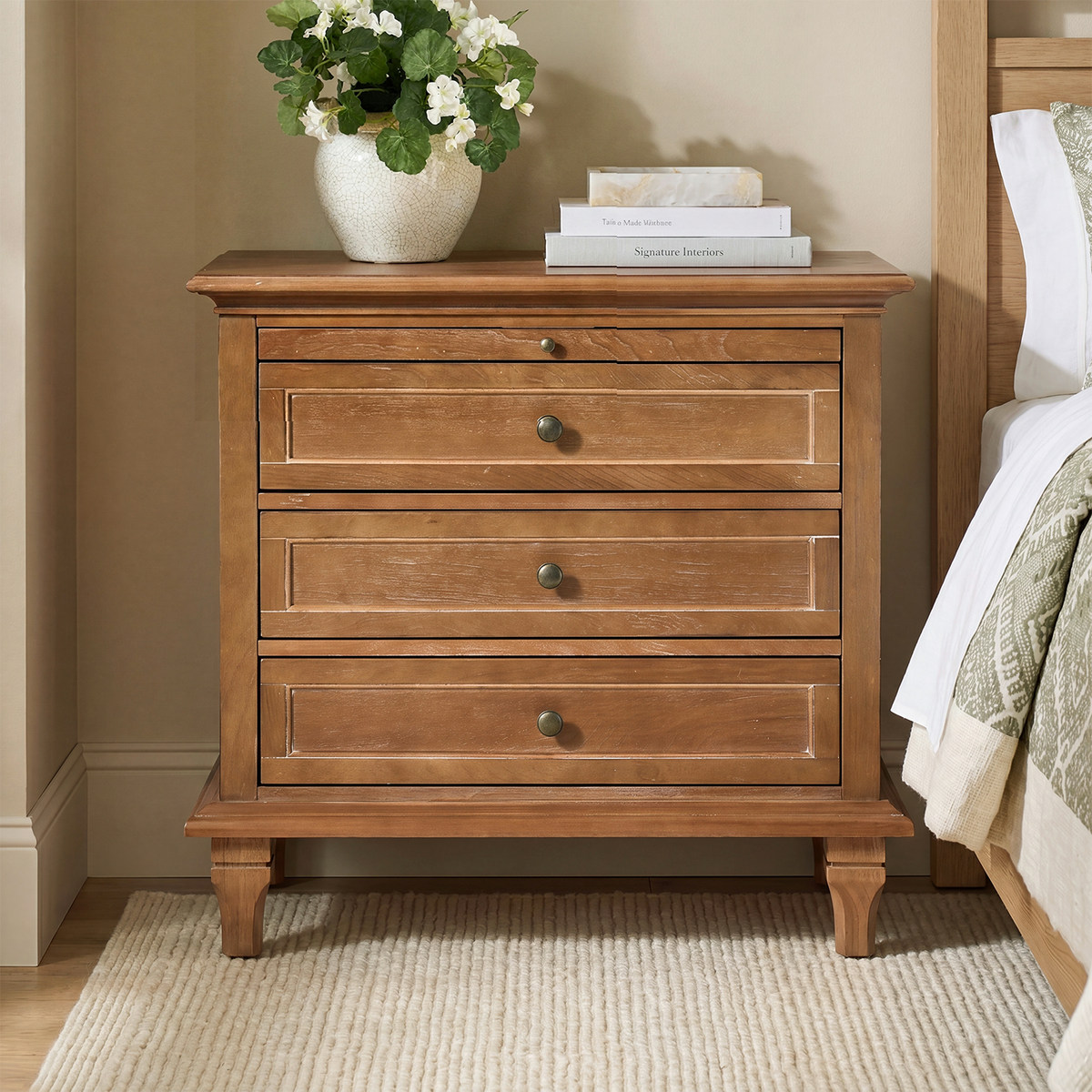 Galatea Farmhouse 3-Drawer Bedside Table with Shelf & Charging Port