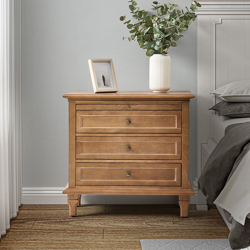 Galatea Farmhouse 3-Drawer Bedside Table with Shelf & Charging Port